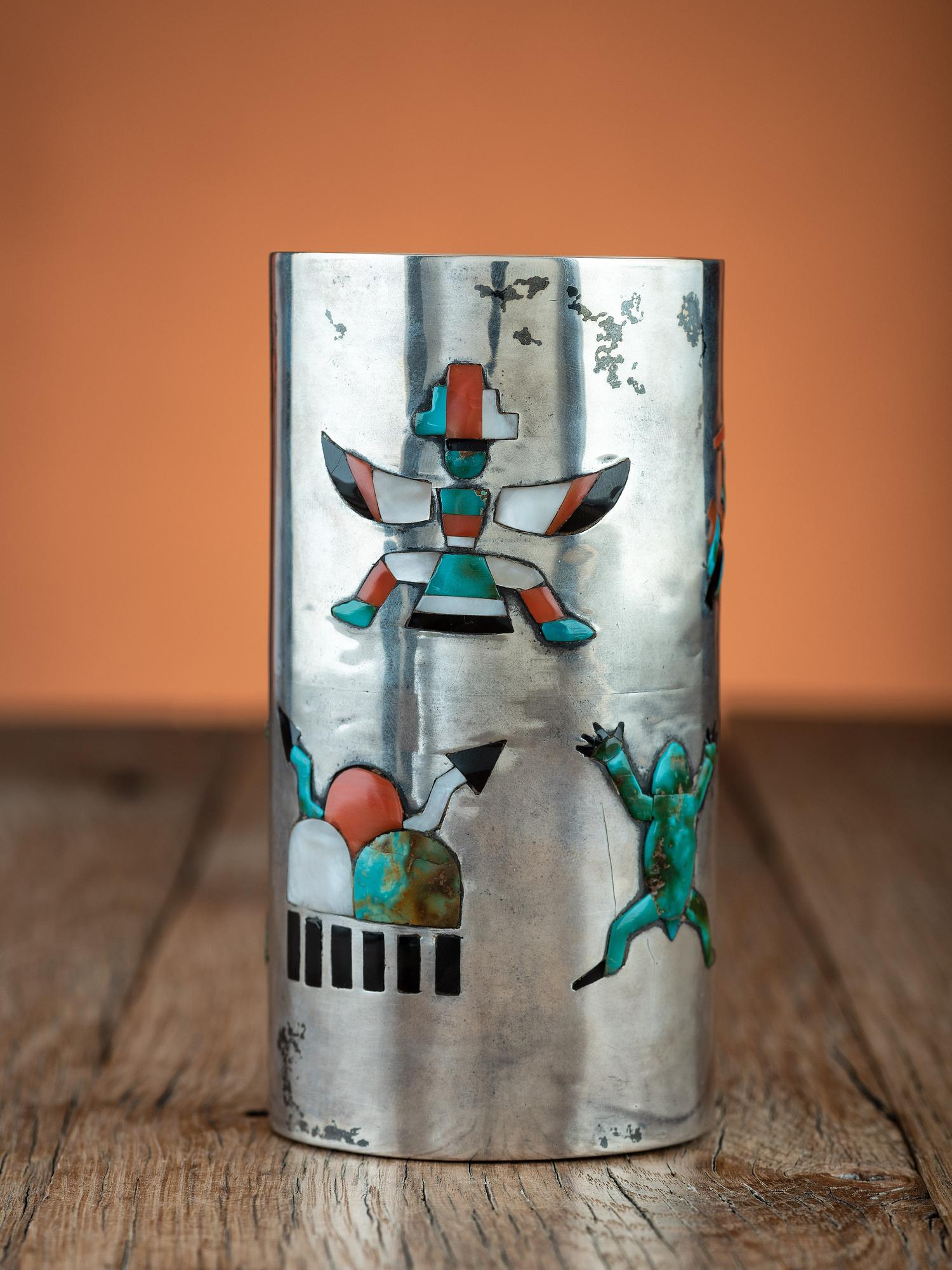 Silver Tumbler, with Mosaic Inlay, Frogs, Storm Clouds, Knifewings, and Rainbow Guardians