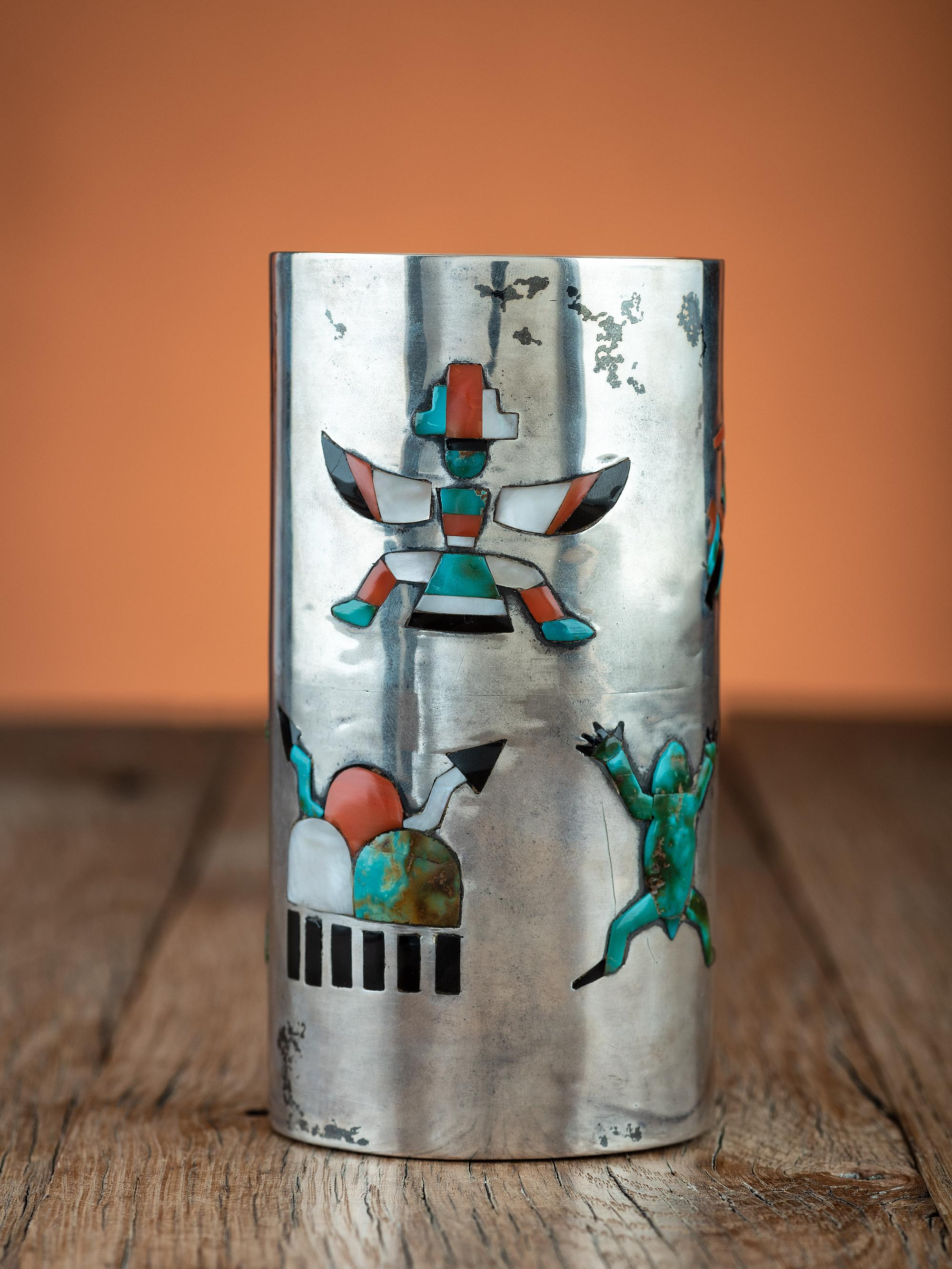 Silver Tumbler, with Mosaic Inlay, Frogs, Storm Clouds, Knifewings, and Rainbow Guardians