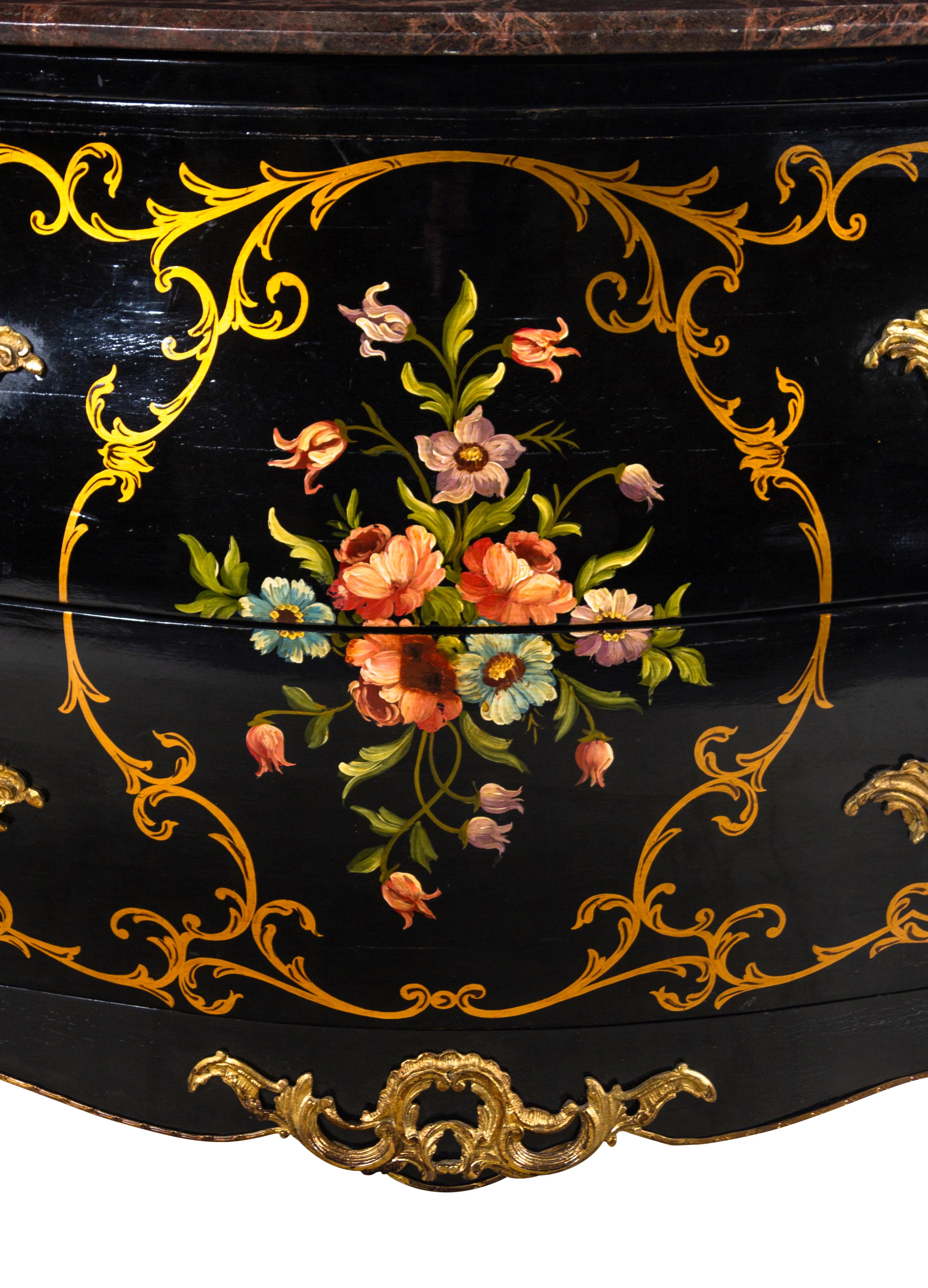 A Louis XV Style Gilt Metal Mounted Painted Marble-Top Commode