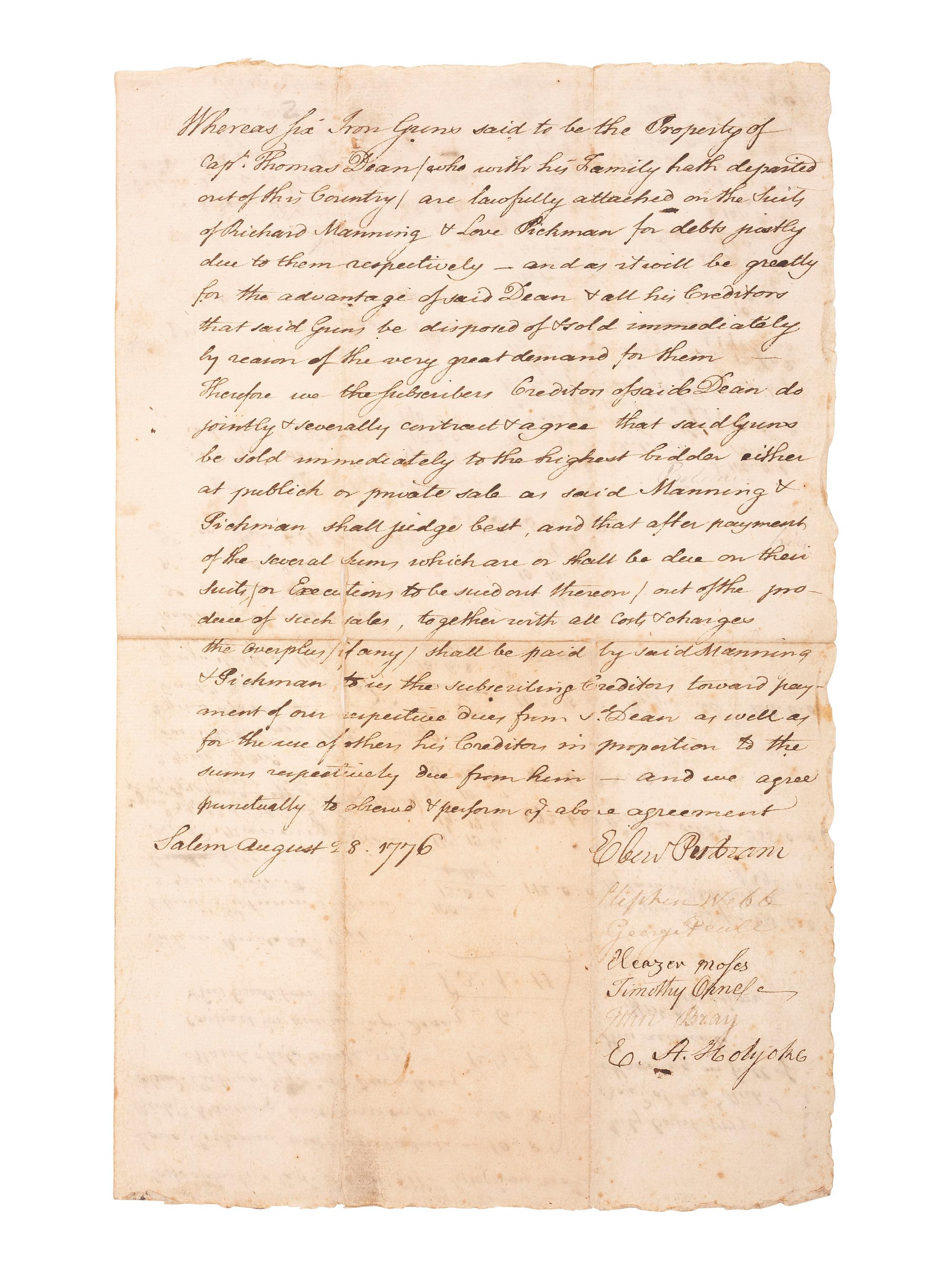 [REVOLUTIONARY WAR]. Manuscript document recording the sale of six cannons formerly belonging to Captain Thomas Dean (ca 1723-1802) of Salem, Massachusetts. Salem, 28 August 1776.
