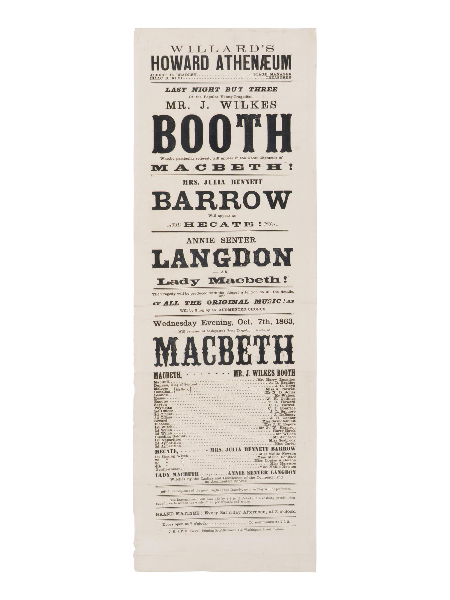 [BOOTH, John Wilkes (1838-1865)]. A broadside playbill for Booth's performance in the title role of Macbeth at the Howard Athenæum. Boston, 7 October 1863.