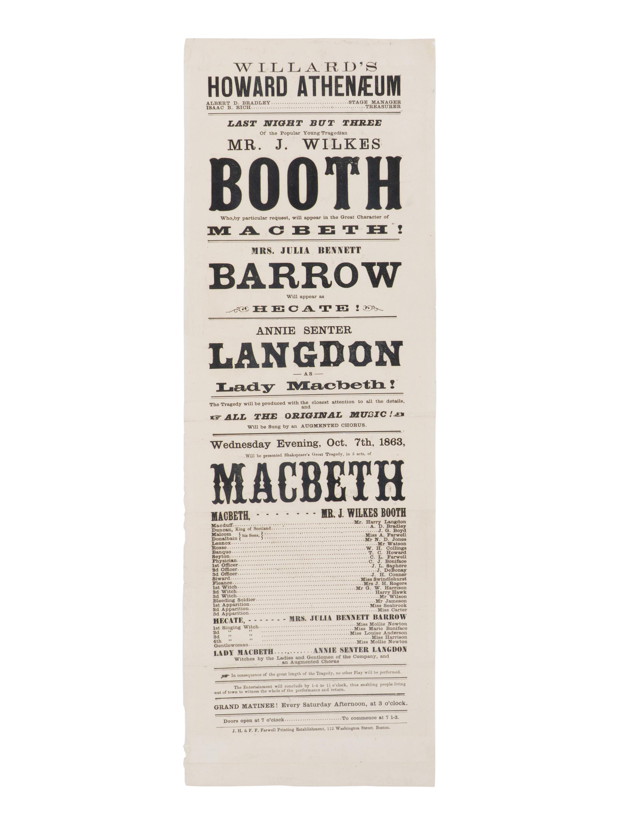 [BOOTH, John Wilkes (1838-1865)]. A broadside playbill for Booth's performance in the title role of Macbeth at the Howard Athenæum. Boston, 7 October 1863.