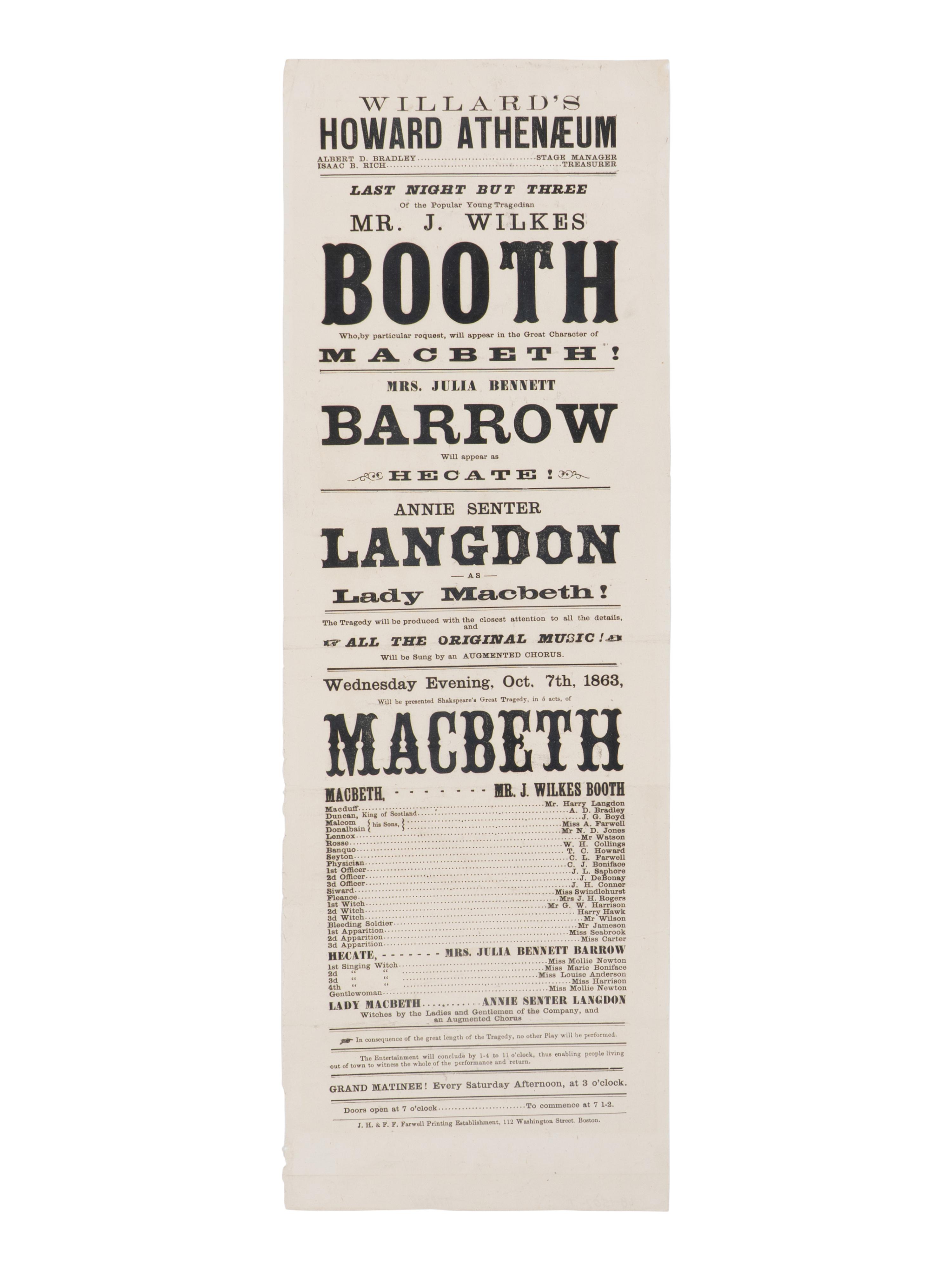 [BOOTH, John Wilkes (1838-1865)]. A broadside playbill for Booth's performance in the title role of Macbeth at the Howard Athenæum. Boston, 7 October 1863.
