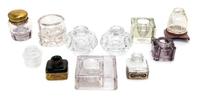 An Assembled Group of Eleven Glass Inkwells and Ink Bottles Height of tallest 2 3/4 inches.