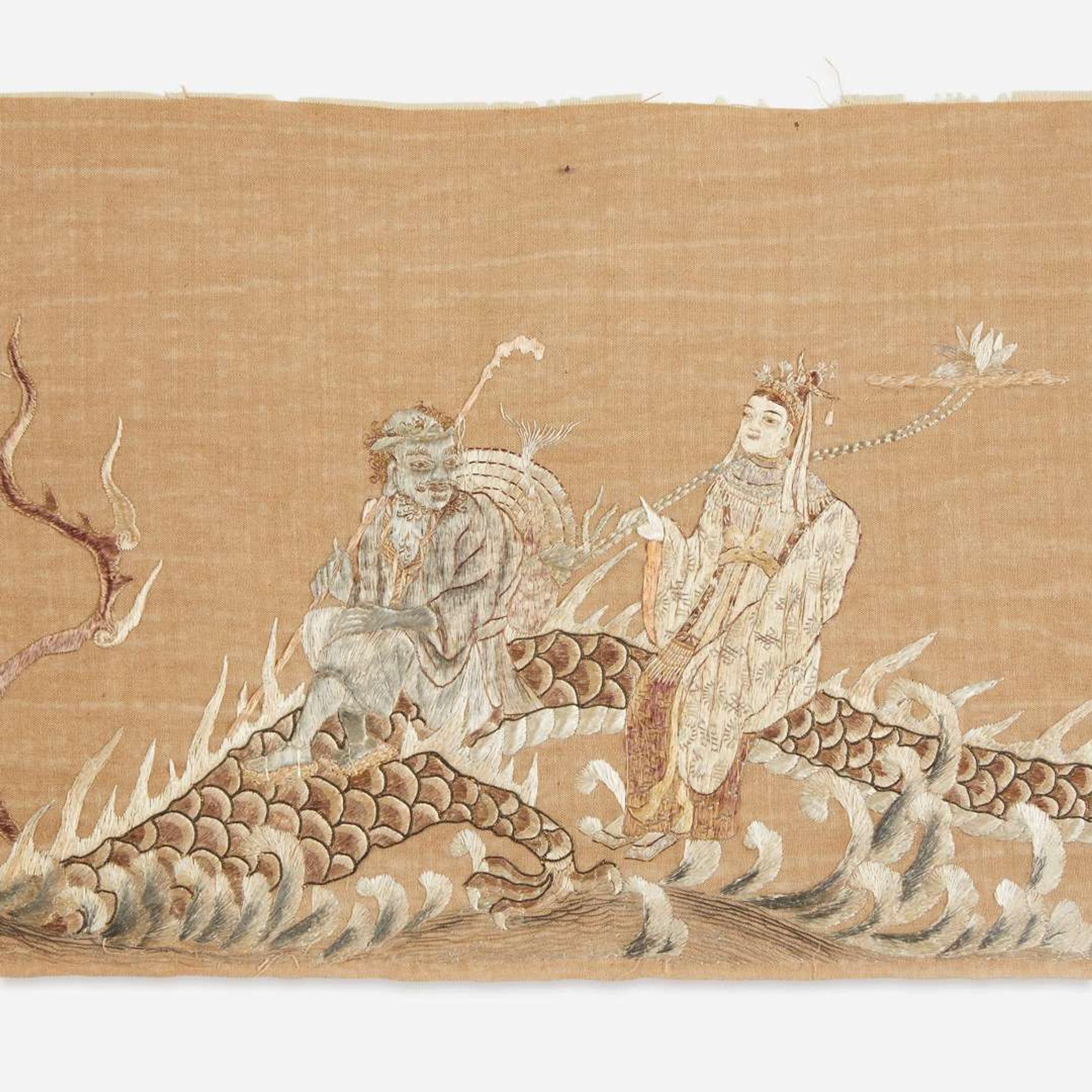 An embroidered panel depicting the eight Daoist Immortals with dragon
