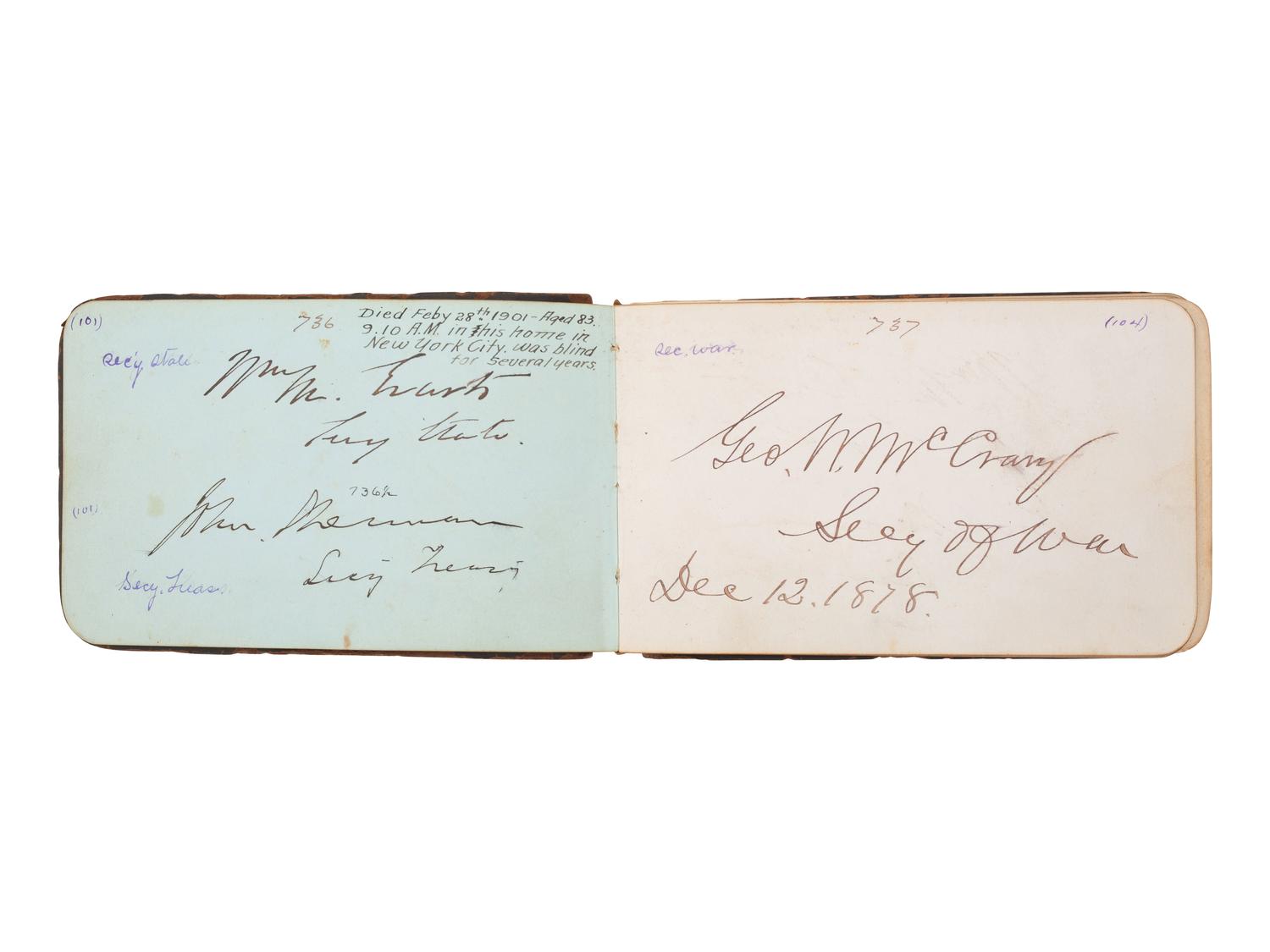 HAYES, Rutherford B. (1822-1893). Autograph book featuring signature of Hayes ("R.B. Hayes"), as President, and members of his cabinet and the 45th US Congress.