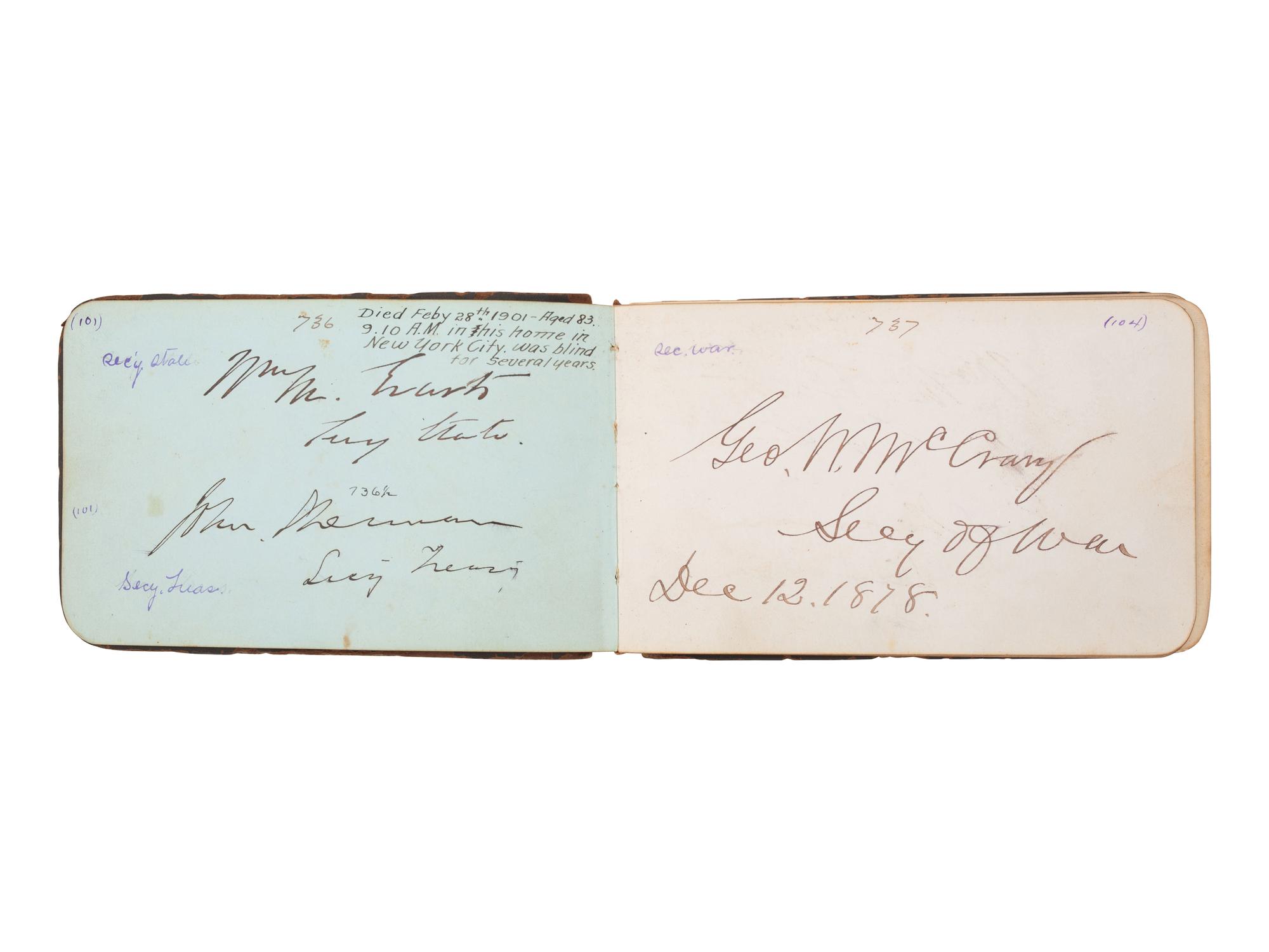 HAYES, Rutherford B. (1822-1893). Autograph book featuring signature of Hayes ("R.B. Hayes"), as President, and members of his cabinet and the 45th US Congress.