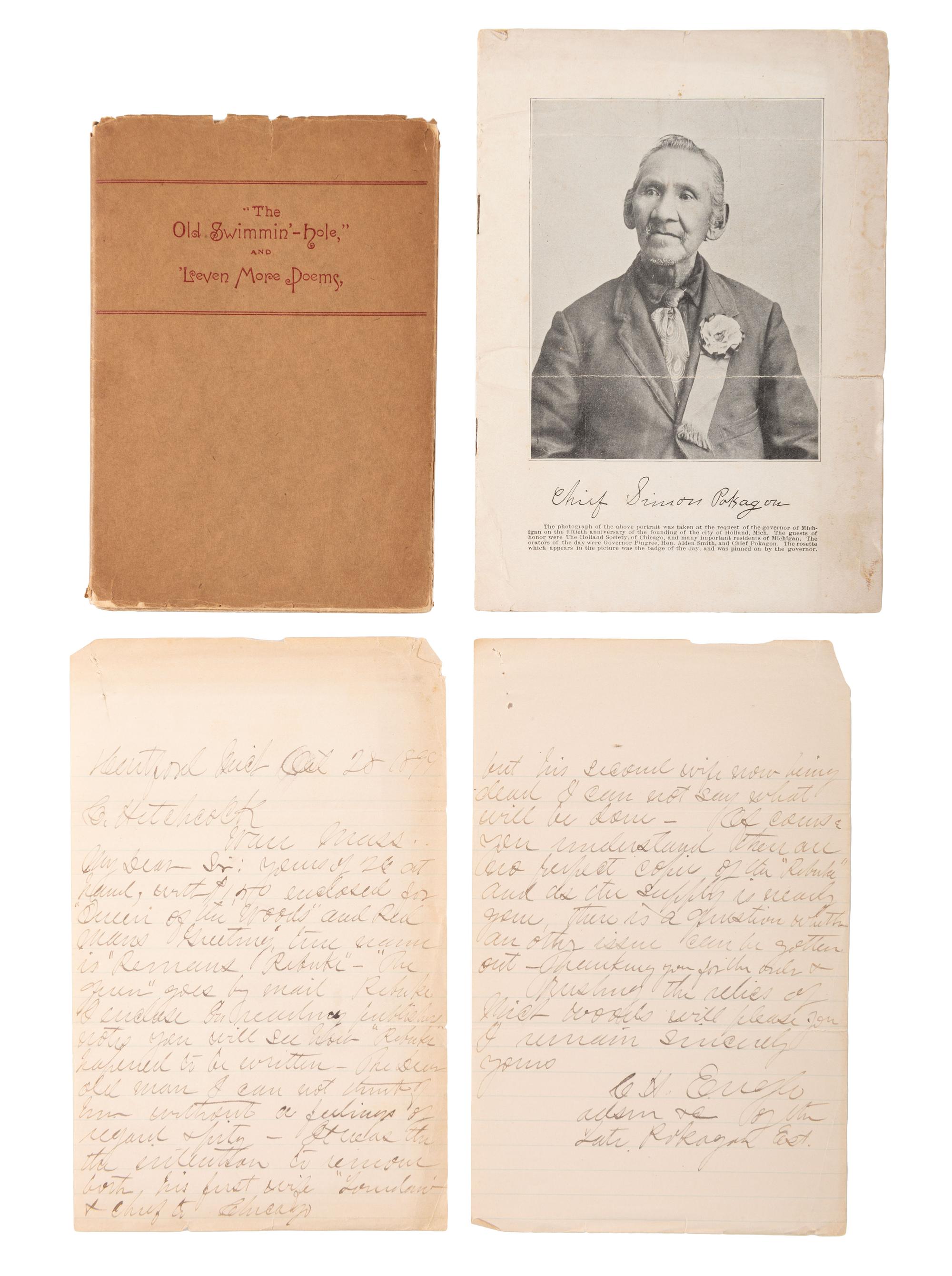 RILEY, James Whitcomb (1849-1916). “ The Old Swimmin’-hole,” and 'Leven More Poems . Indianapolis, IN: George C. Hitt & Co., 1883. Plus.