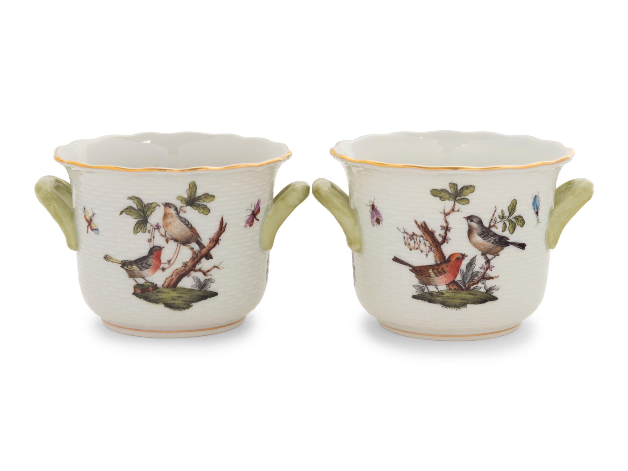 A Pair of Herend Rothschild Bird Porcelain Jardinières