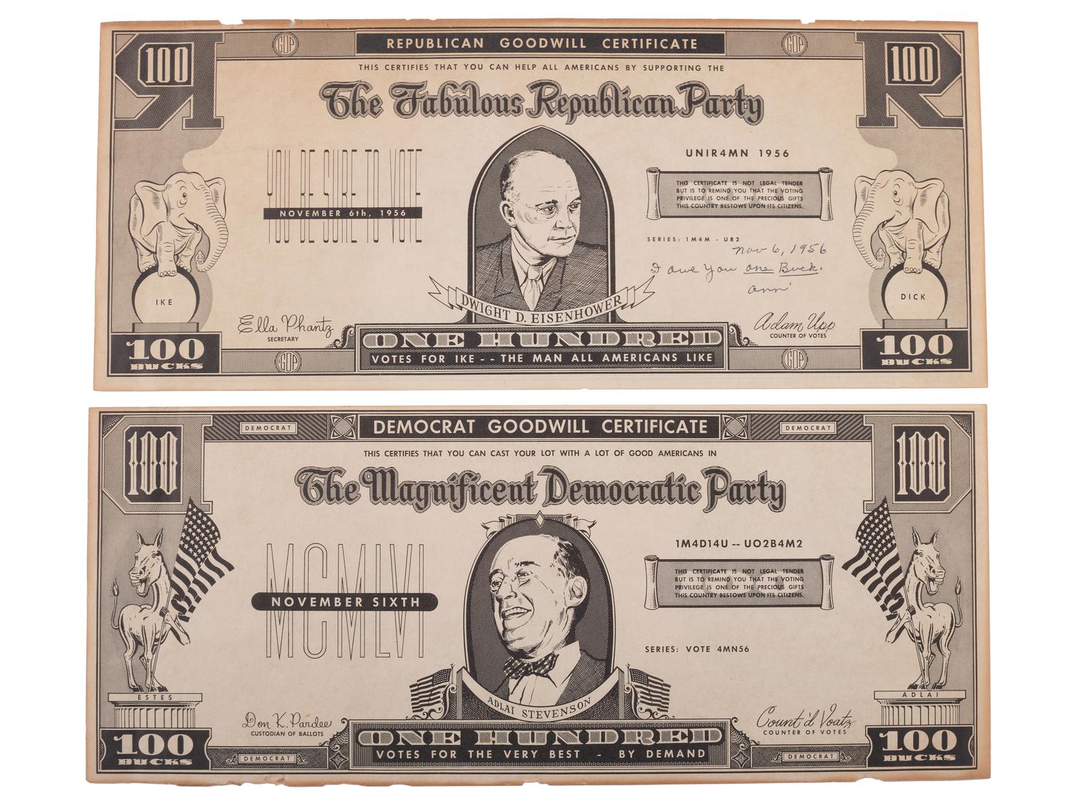 [STEVENSON, Adlai Ewing II (1900-1965)]. A group of campaign ephemera incl. a rare 1952 kerchief.