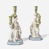 A Pair of Wedgwood Tricolor Jasperware Diana and Minerva Candlesticks UK, circa 2000