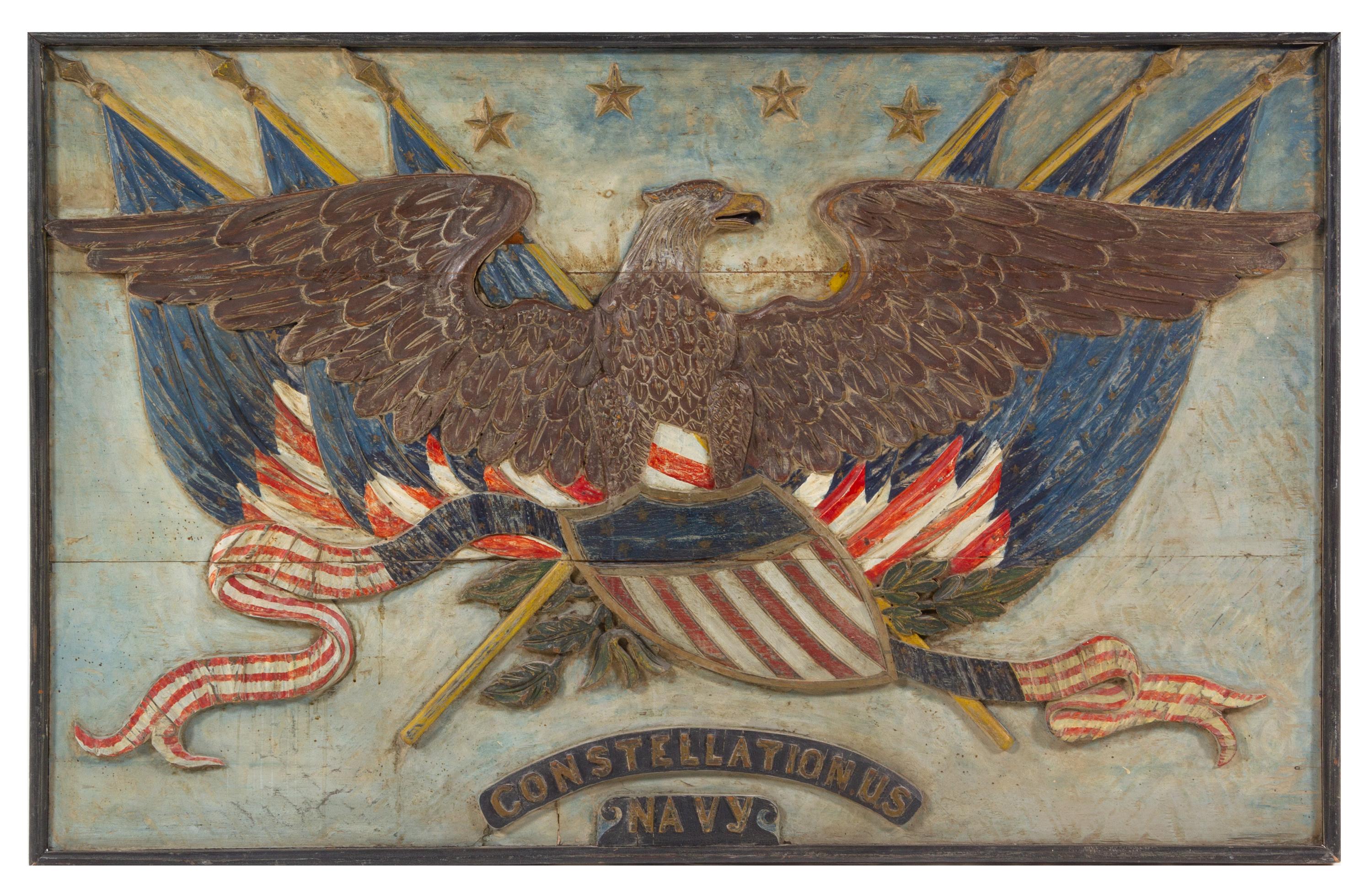 A Carved and Painted Plaque from the USS Constellation Height 39 1/2 x width 61 1/2 inches. — LATE 19TH/EARLY 20TH CENTURY