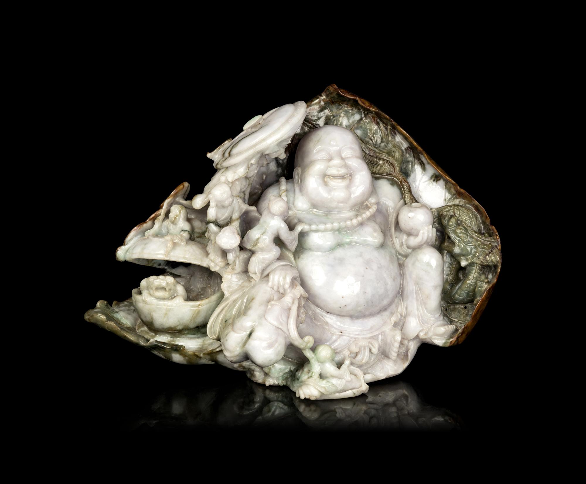 A Large Chinese Green and Pale Celadon Jadeite Figural Group of Immortals