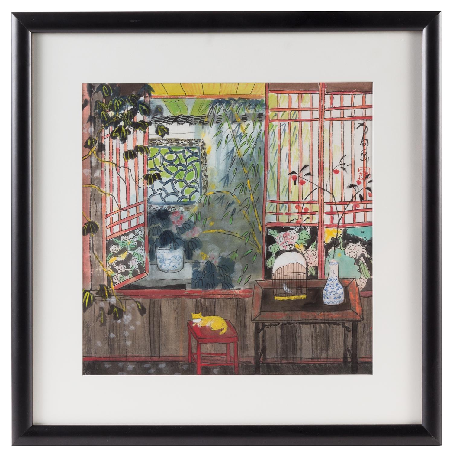 Fang Xiang, (Chinese, b. 1967), depicting an indoor scene with side tables one with a bird cage and a flower-filled vase, the other wit