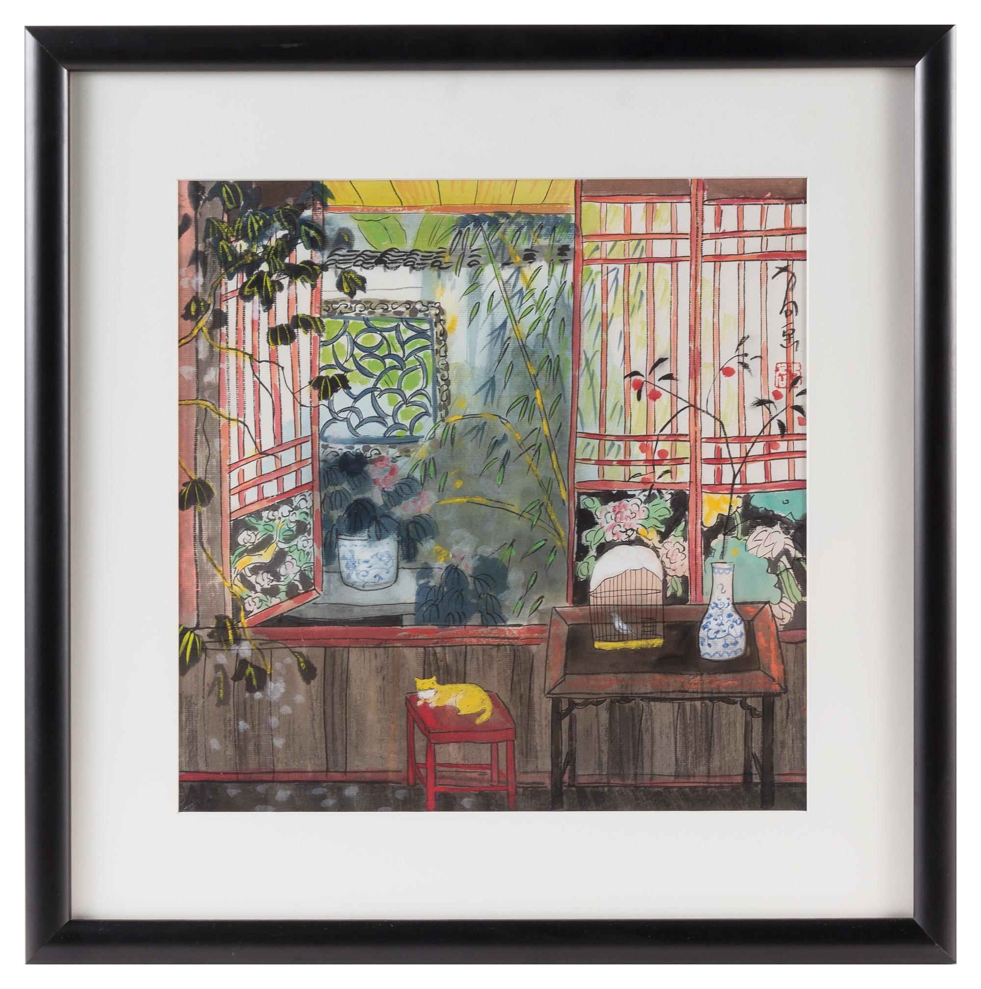 Fang Xiang, (Chinese, b. 1967), depicting an indoor scene with side tables one with a bird cage and a flower-filled vase, the other wit