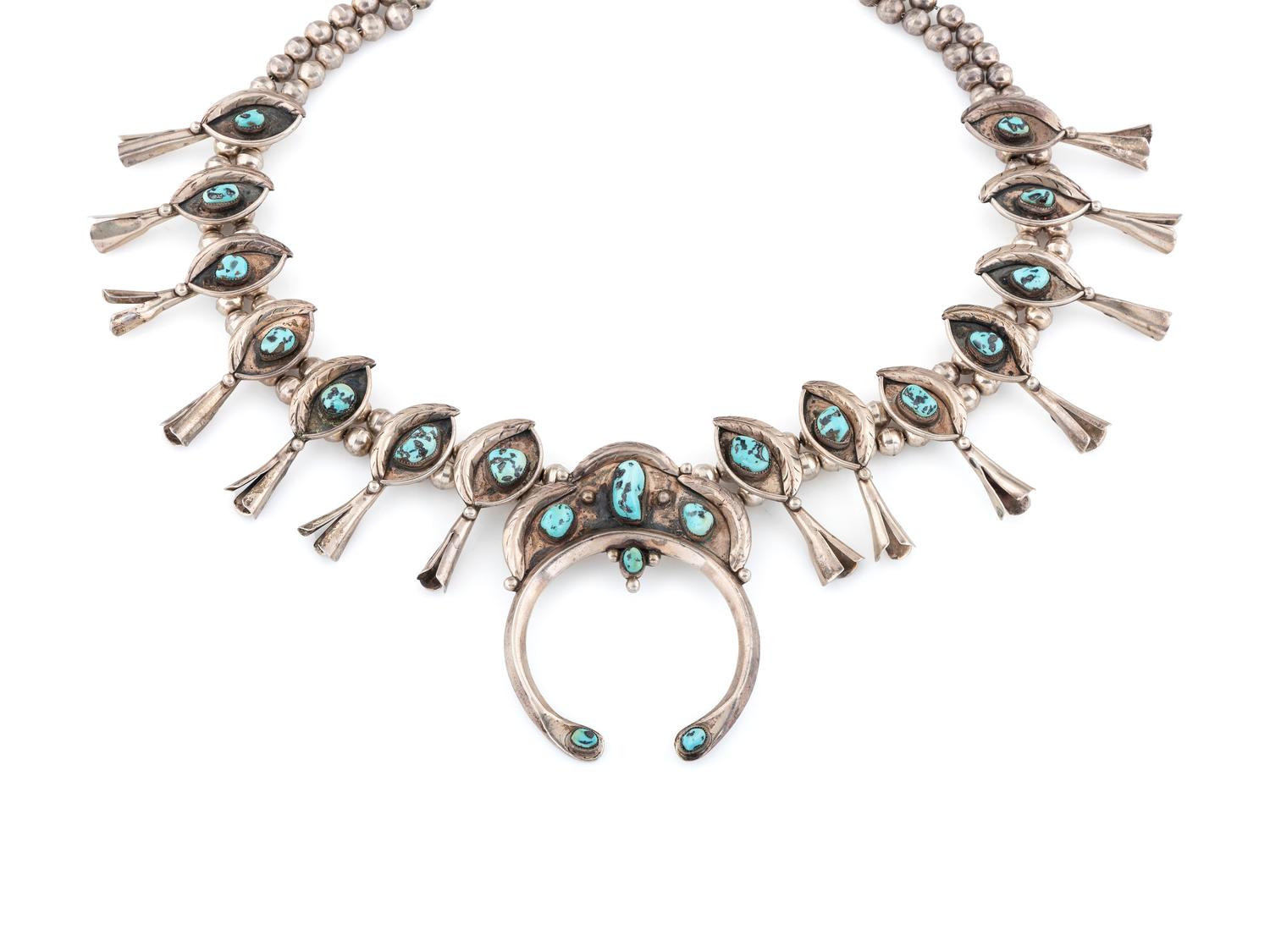 Navajo Silver and Turquoise Squash Blossom Necklace
