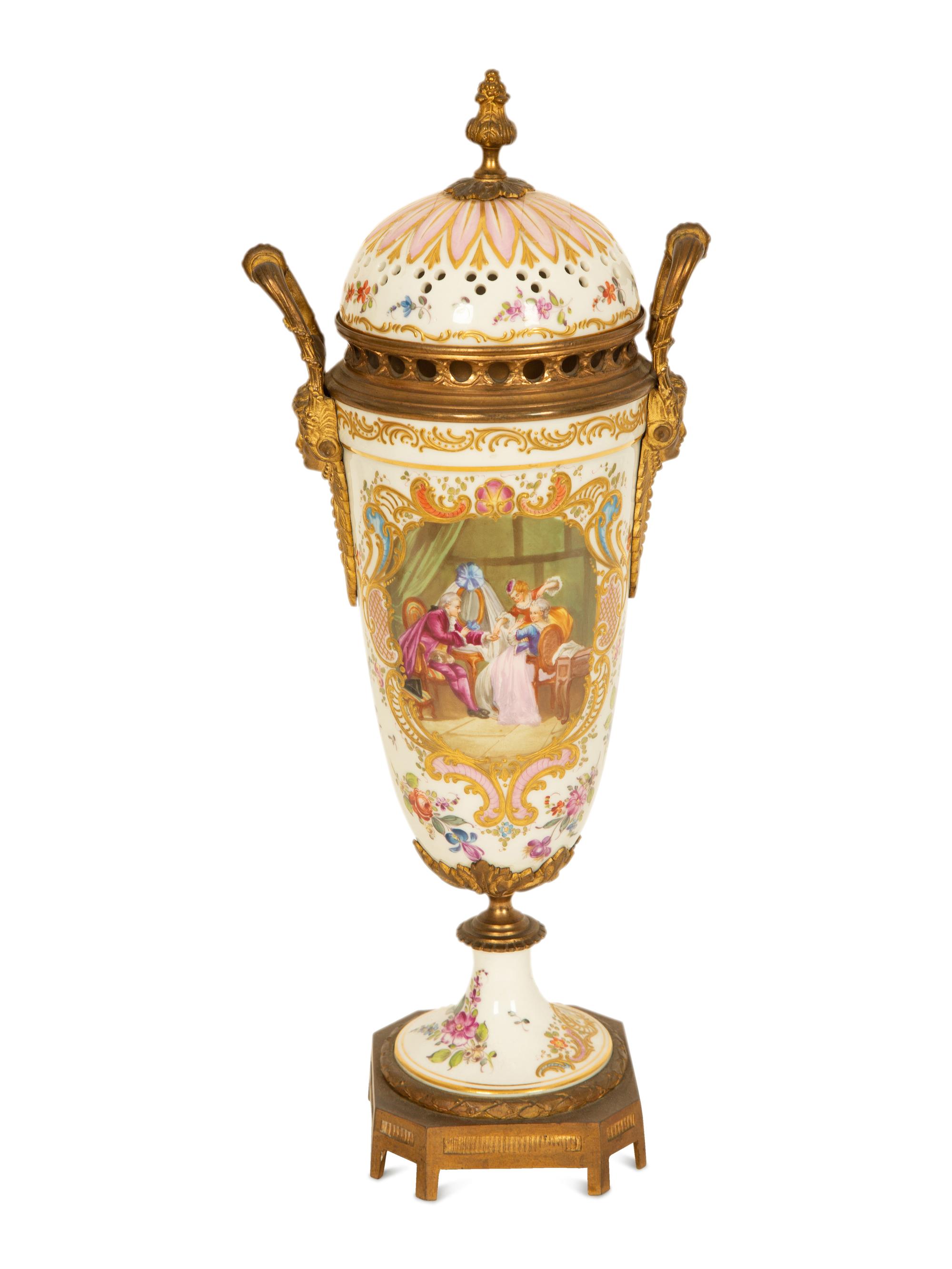 A Sevres Style Gilt Metal Mounted Porcelain Urn