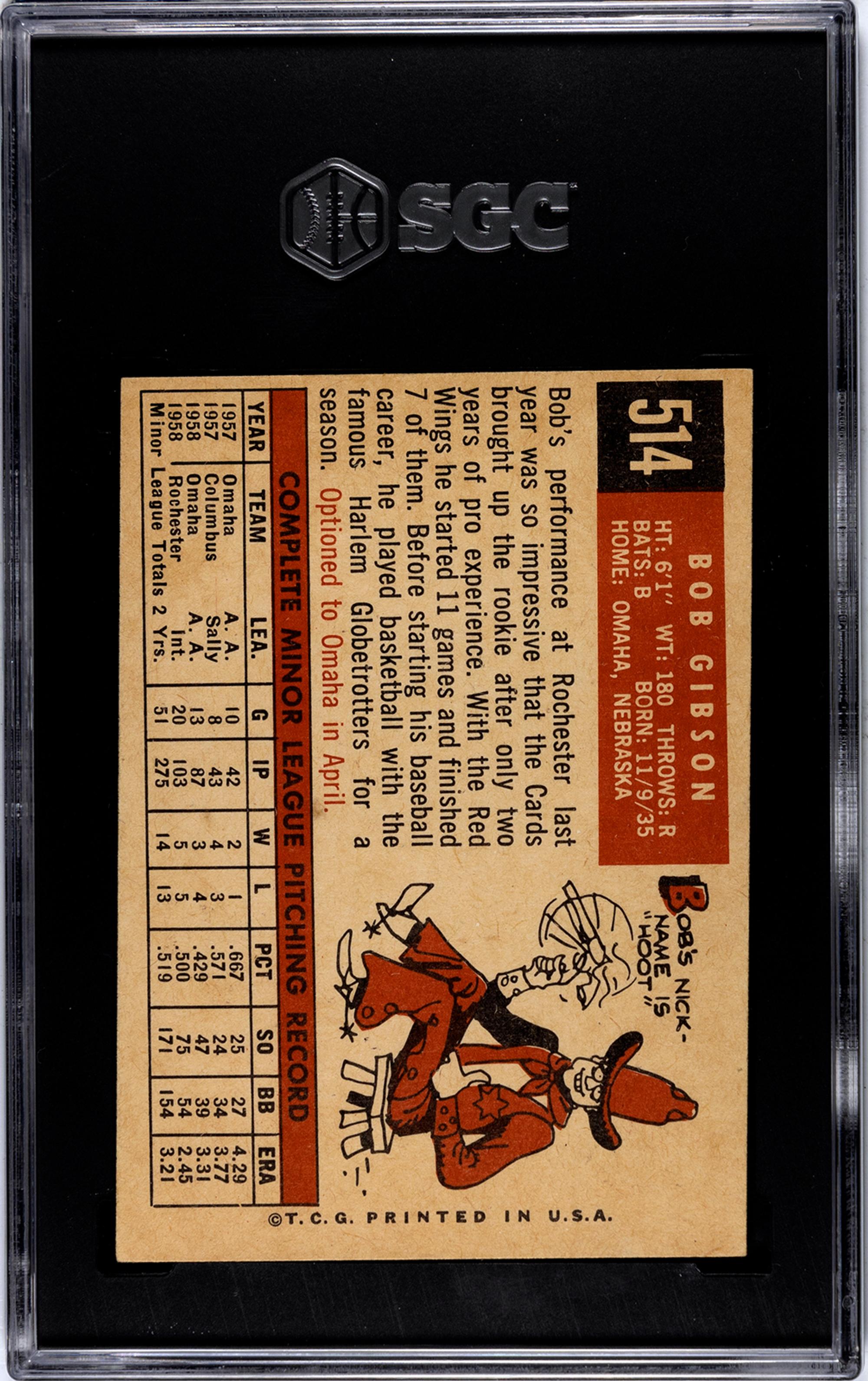 A 1959 Topps Bob Gibson Rookie Baseball Card No. 514 (SGC 3.5 VG+)