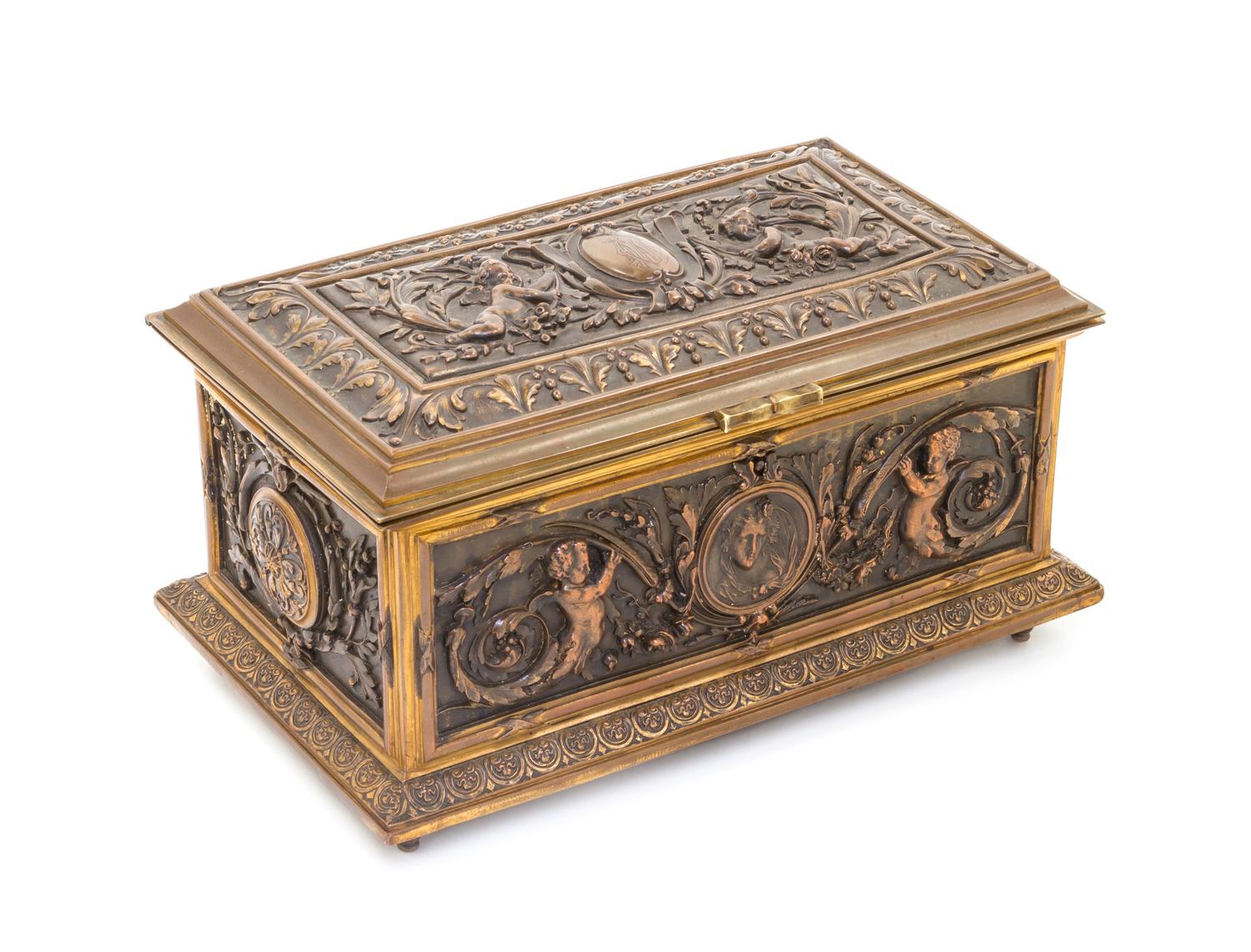 A Neoclassical Gilt Metal Casket, Width 8 5/8 inches.