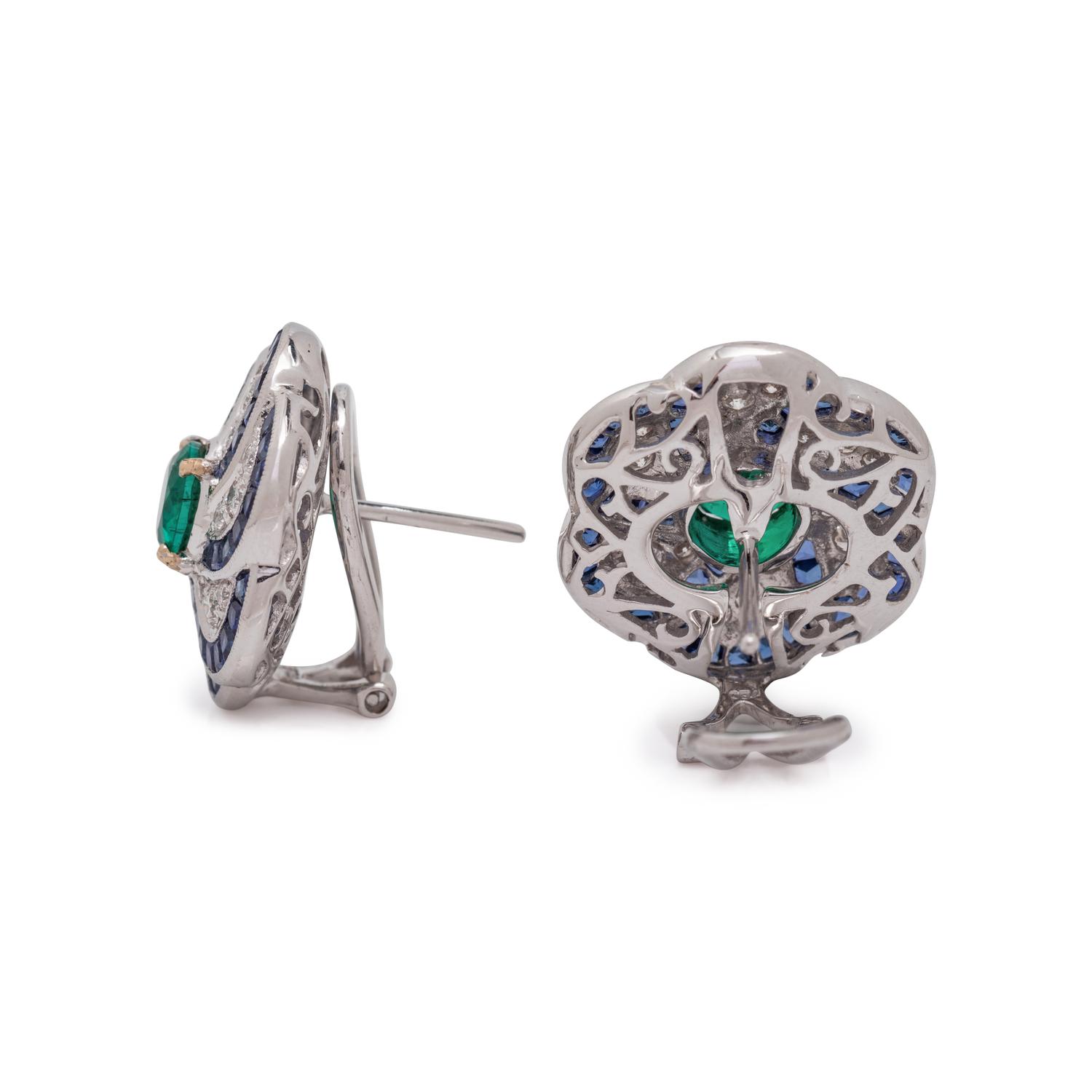EMERALD, DIAMOND AND SAPPHIRE EARCLIPS