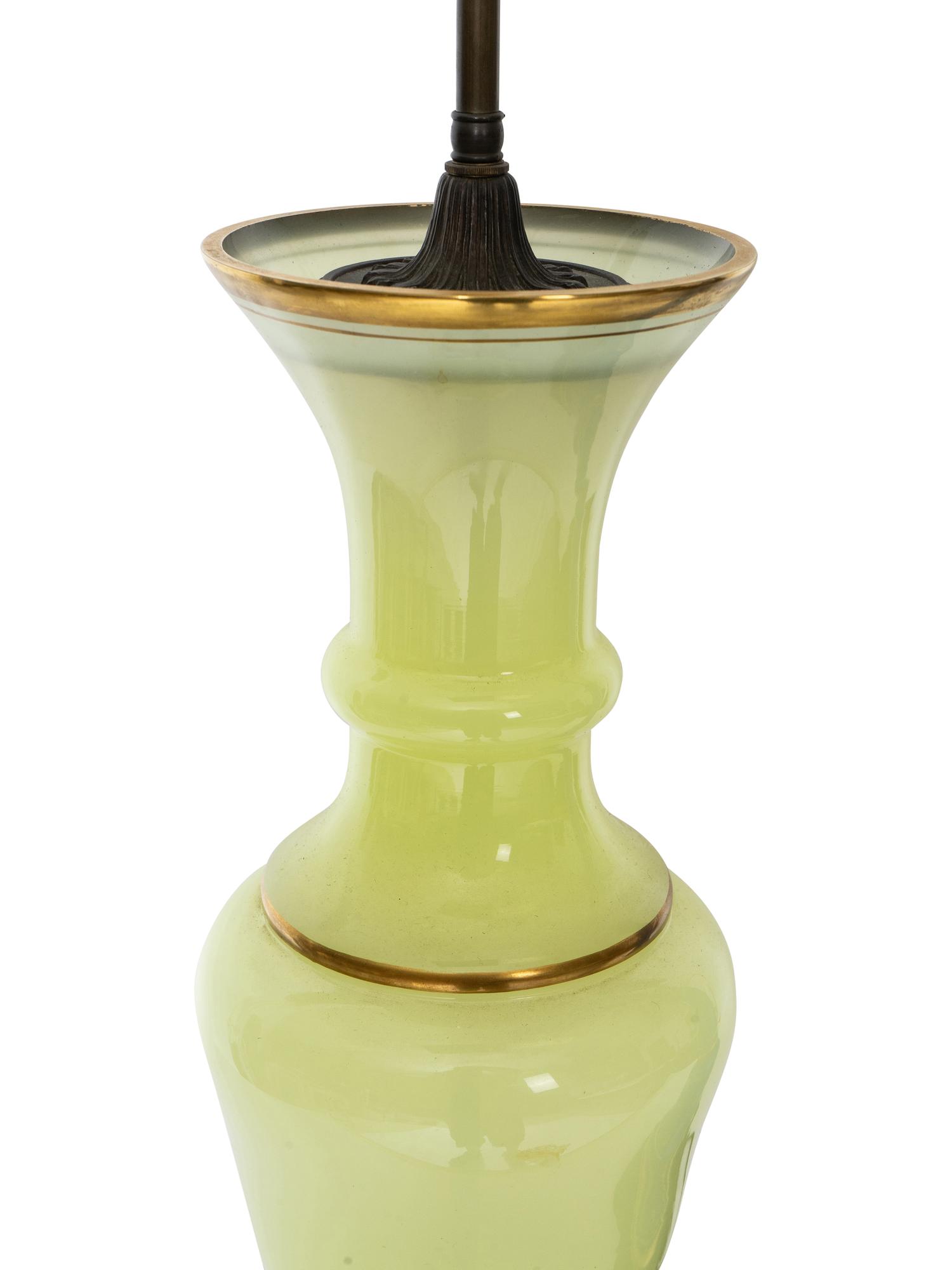 Two French Gilt Decorated Opaline Glass Table Lamps