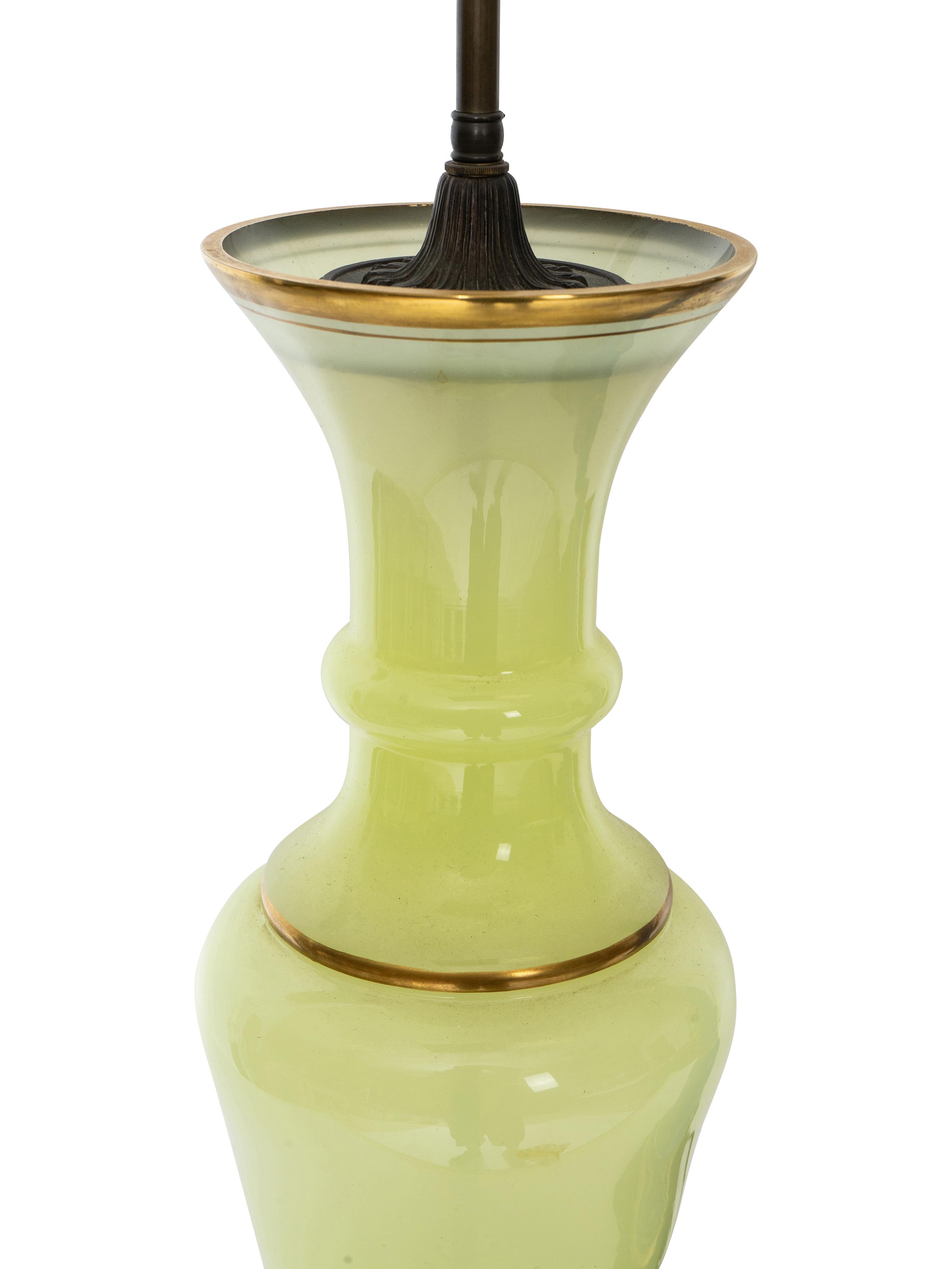 Two French Gilt Decorated Opaline Glass Table Lamps
