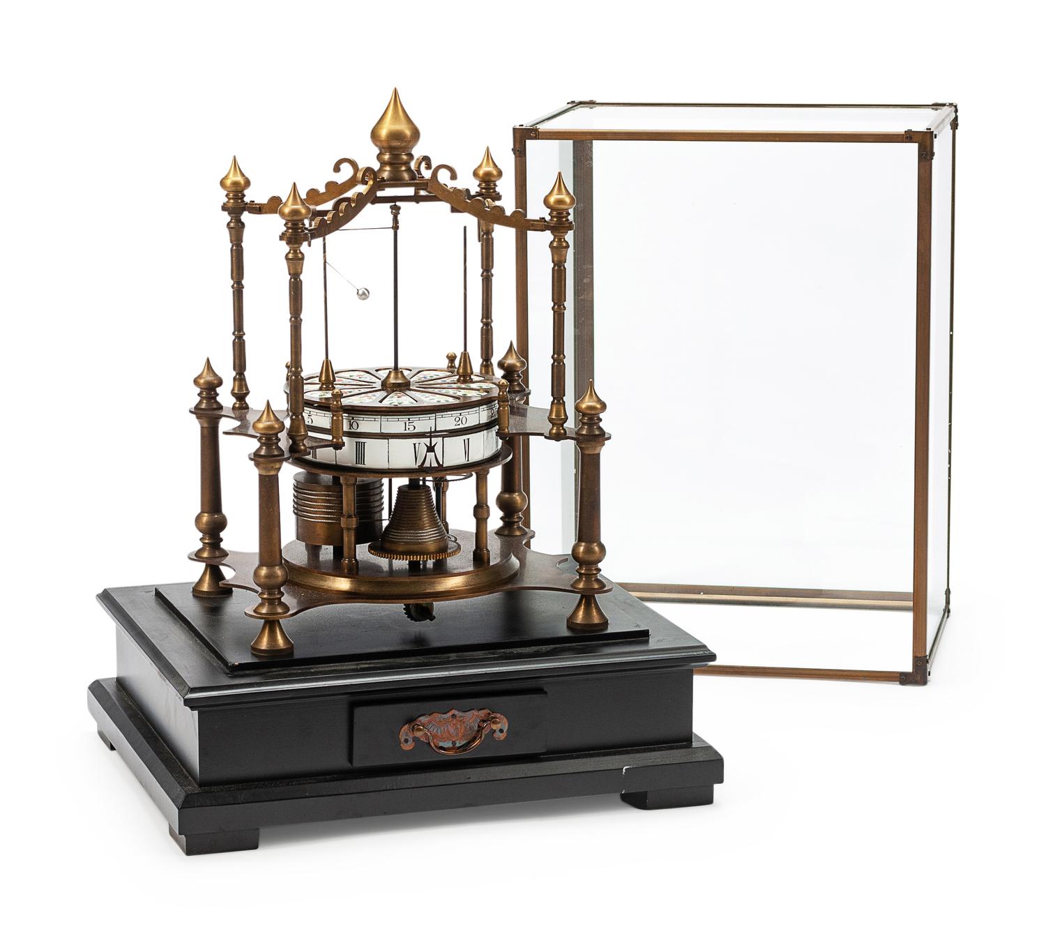An Orbital Bronze and Enameled Mantel Clock with a Glass Dome