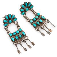 Navajo or Zuni Silver and Petit Point Turquoise Chandelier Post Earrings