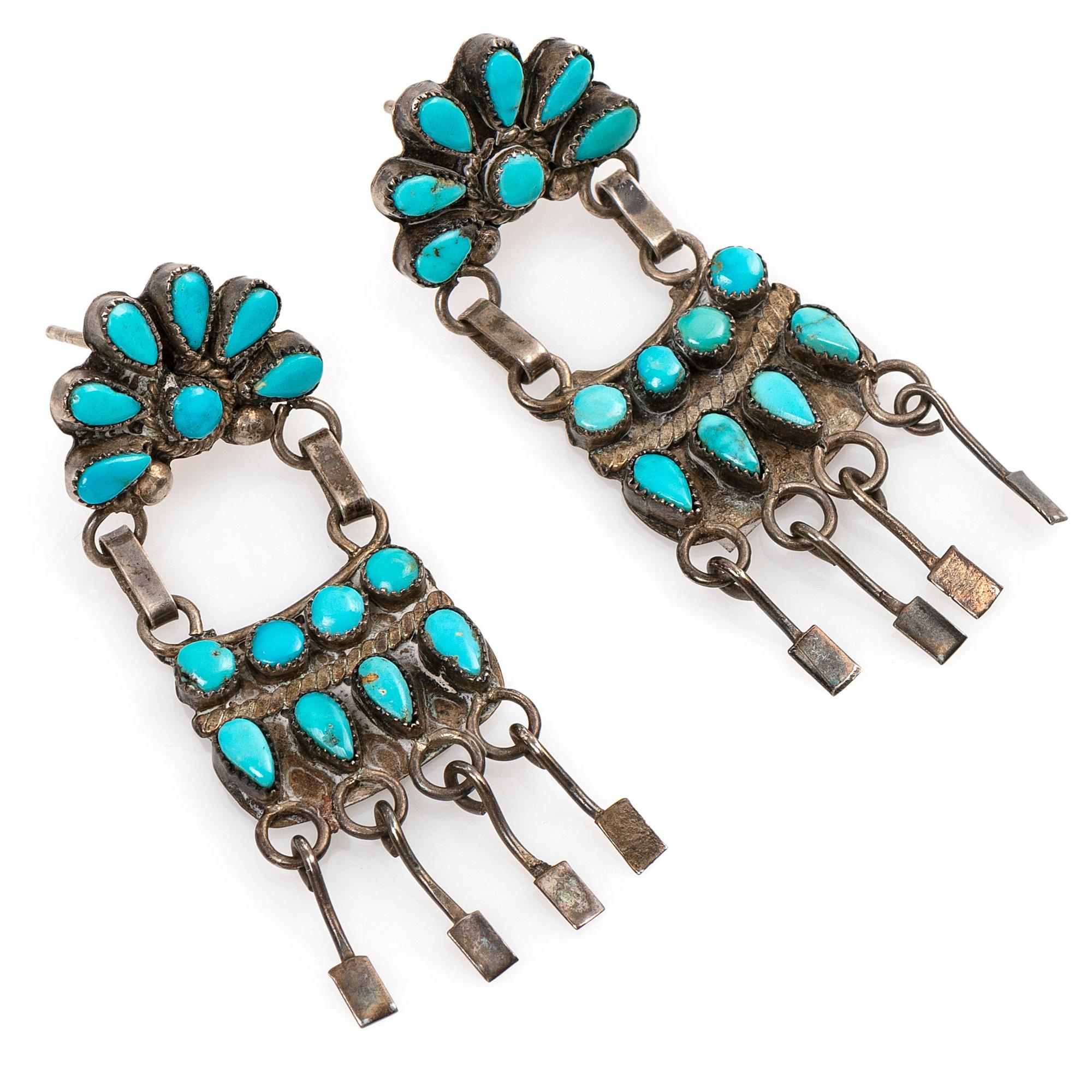 Navajo or Zuni Silver and Petit Point Turquoise Chandelier Post Earrings
