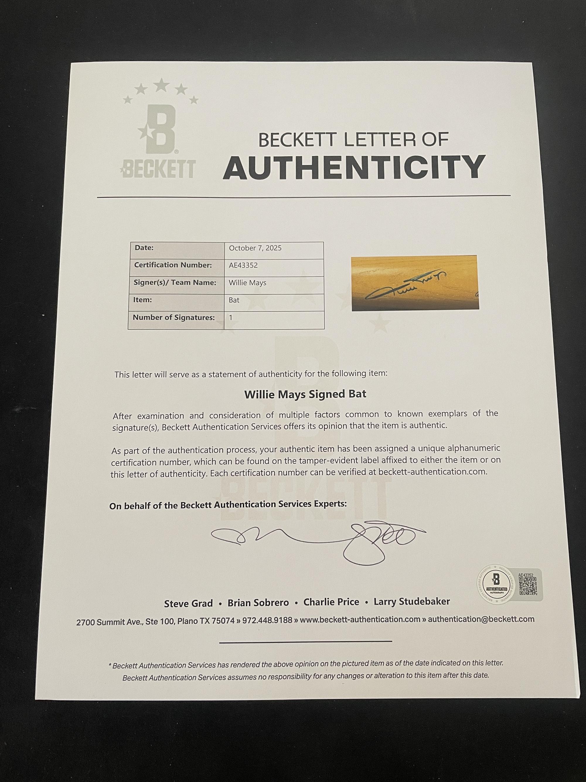 A Willie Mays Signed Autograph Bat (Beckett Authentication Services Letter)