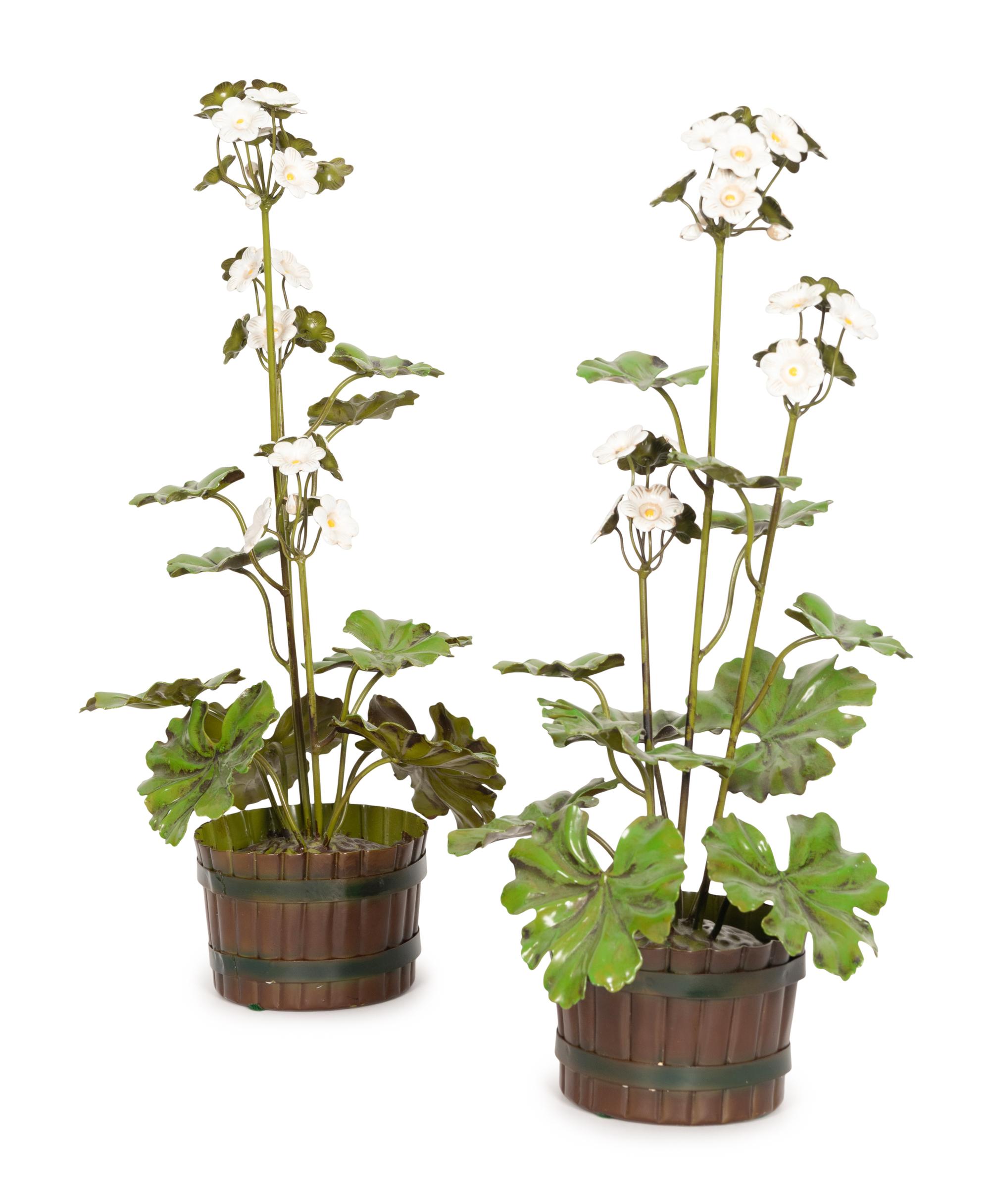 A Pair of Potted Tole Peinte Geraniums