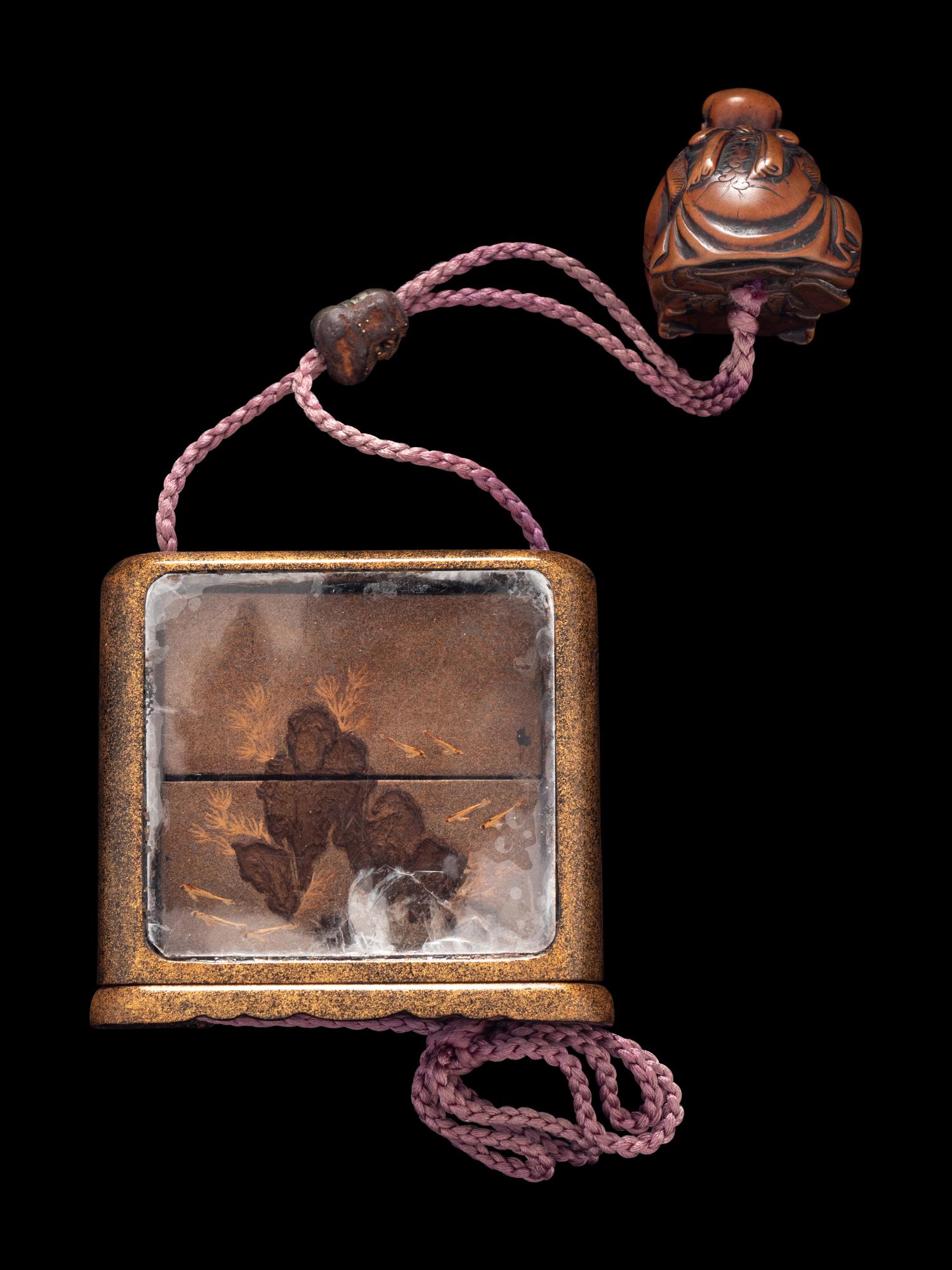 A Japanese Silver and Gold Lacquered Tobacco Box, Tonkotsu, and Netsuke