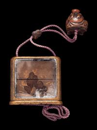 A Japanese Silver and Gold Lacquered Tobacco Box, Tonkotsu, and Netsuke