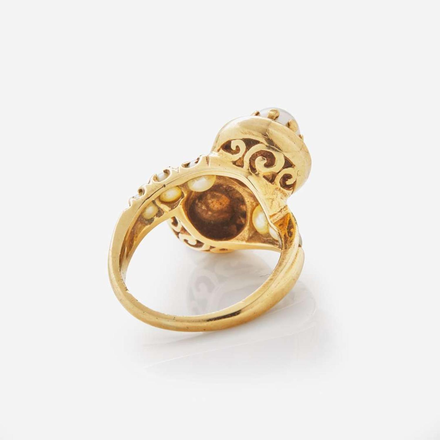 A 14K Yellow Gold, Garnet, and Pearl Ring Victorian