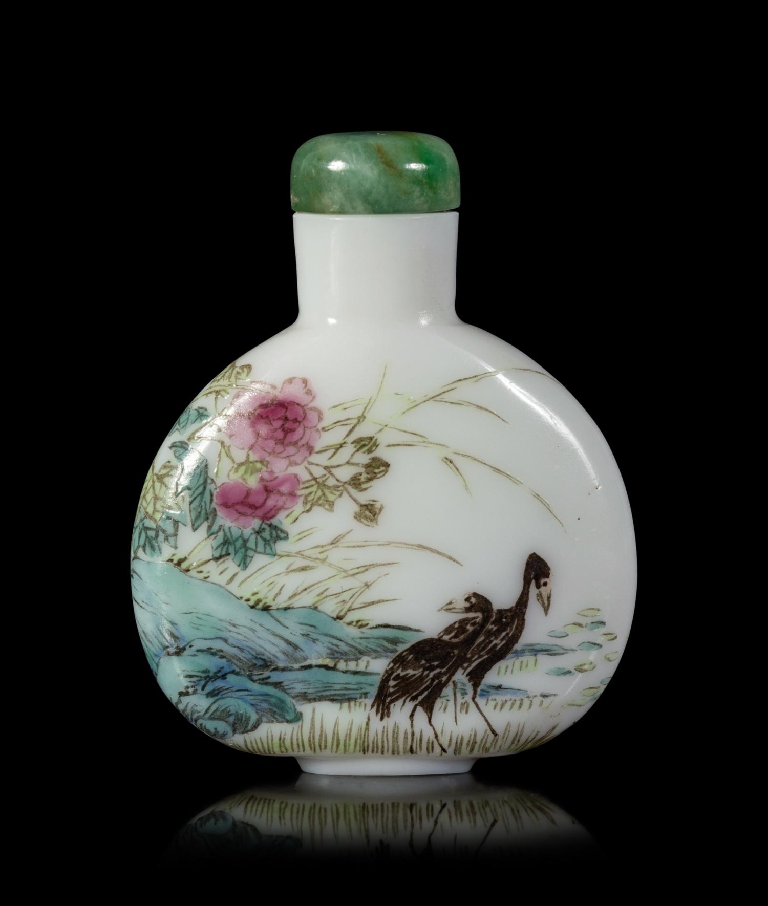 A Polychrome Enameled Opaque White Peking Glass Snuff Bottle