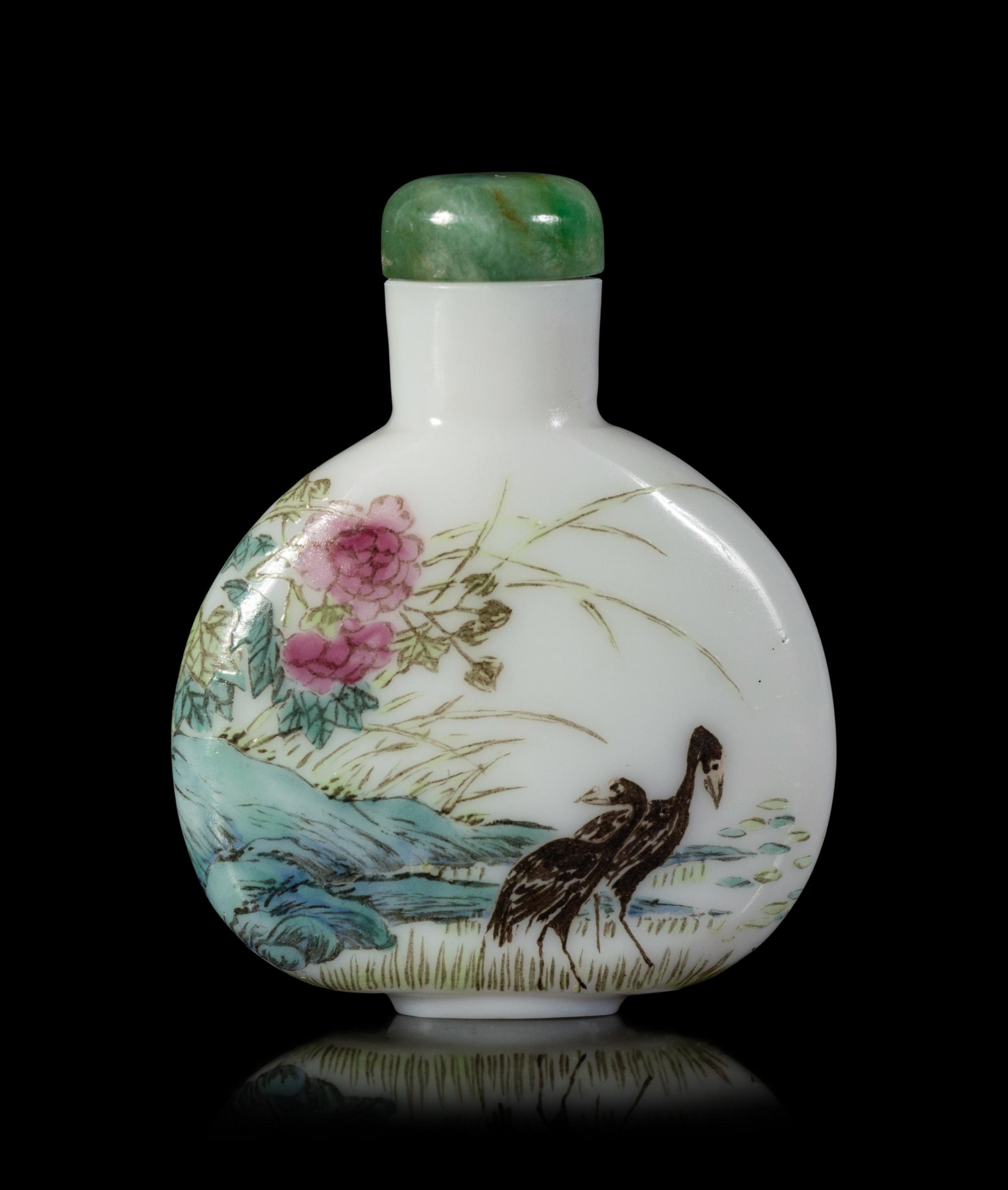A Polychrome Enameled Opaque White Peking Glass Snuff Bottle