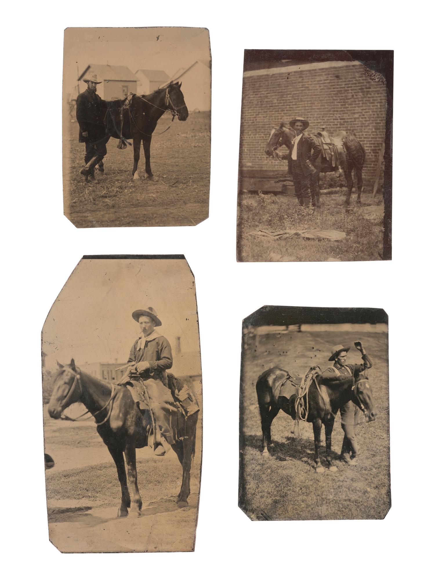 [WESTERN AMERICANA]. 4 outdoor tintypes of cowboys posed with their horses, incl. armed subject.