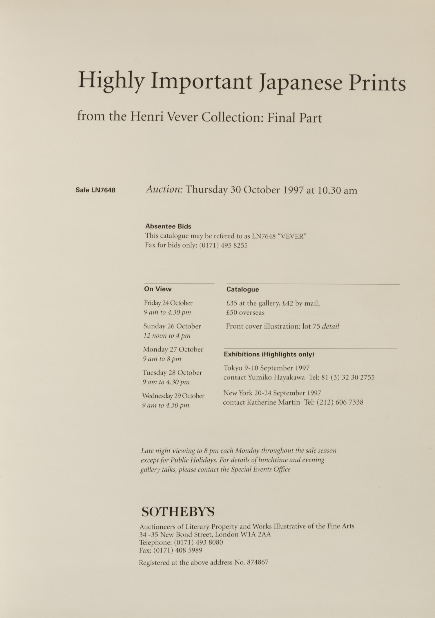 [COLLECTION—PRINTS AND DRAWINGS] A group of auction catalogs about the Vever collection of Japanese prints and drawings, comprising: