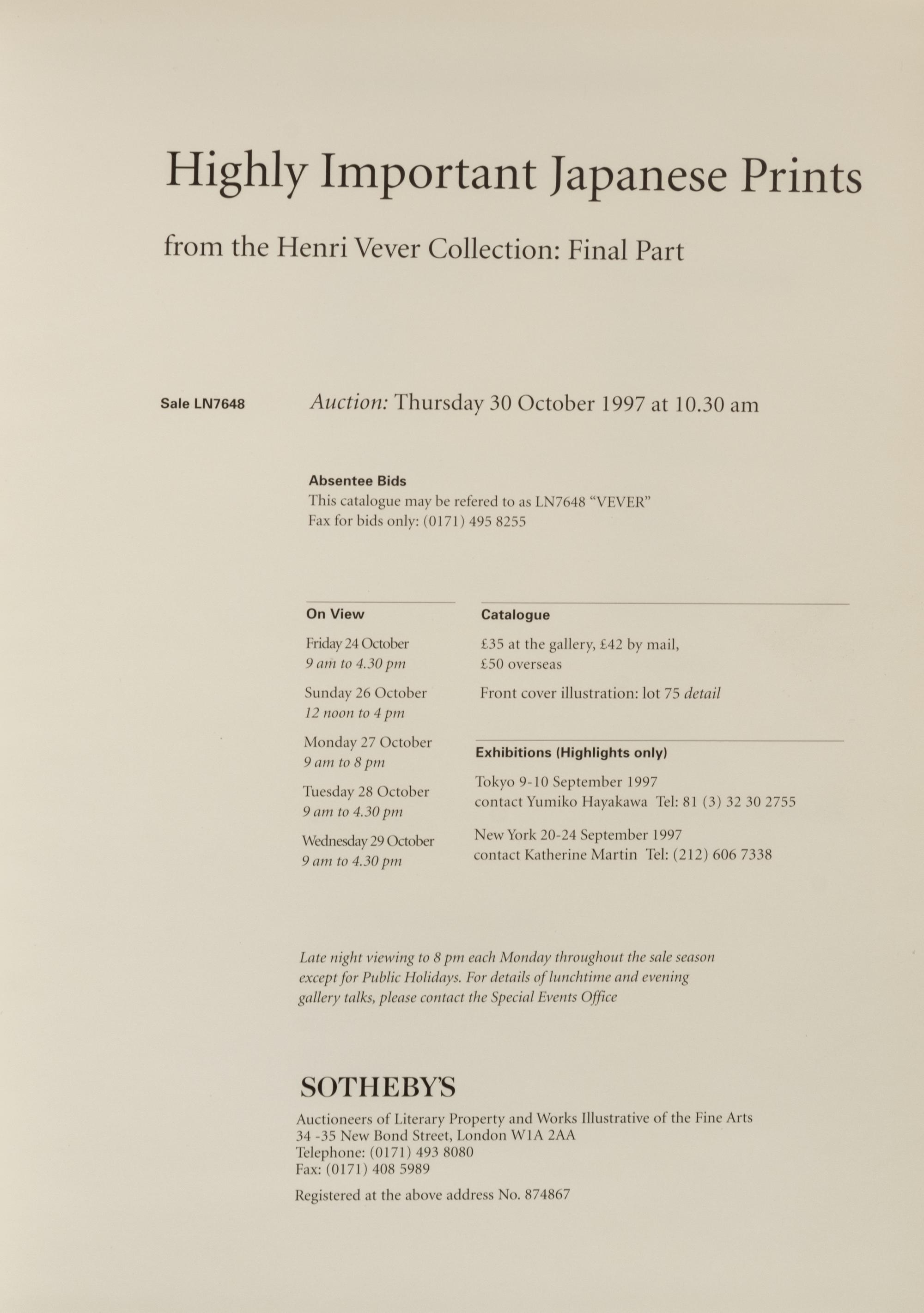 [COLLECTION—PRINTS AND DRAWINGS] A group of auction catalogs about the Vever collection of Japanese prints and drawings, comprising: