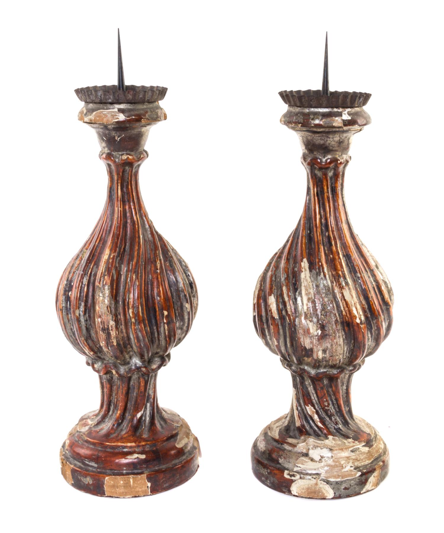 A Pair of Painted Pricket Sticks Height 19 inches. — 19TH CENTURY