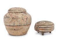 A Pair of Chinese Painted Pottery Round Boxes, together with Two Chinese Painted Pottery Vessels