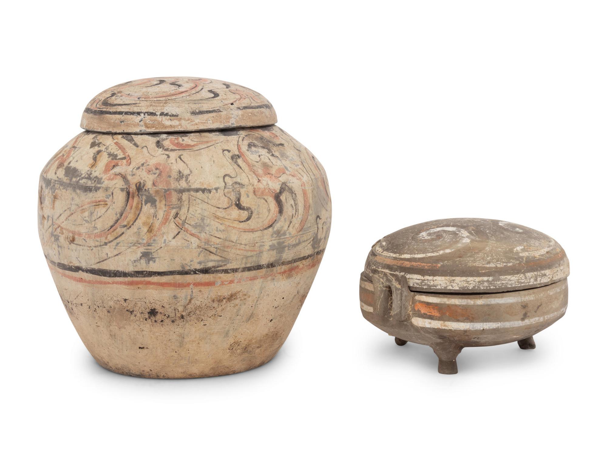A Pair of Chinese Painted Pottery Round Boxes, together with Two Chinese Painted Pottery Vessels