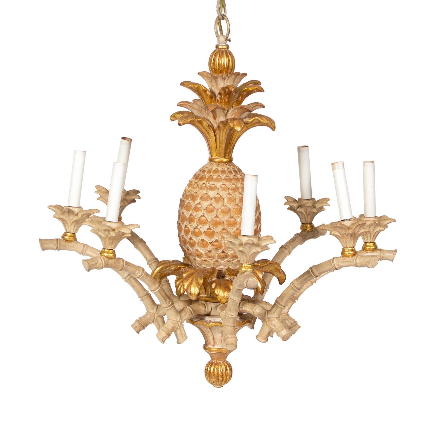 A Carved Painted and Parcel Gilt Eight Light Chandelier Height 28 x diameter 28 inches. — 20TH CENTURY