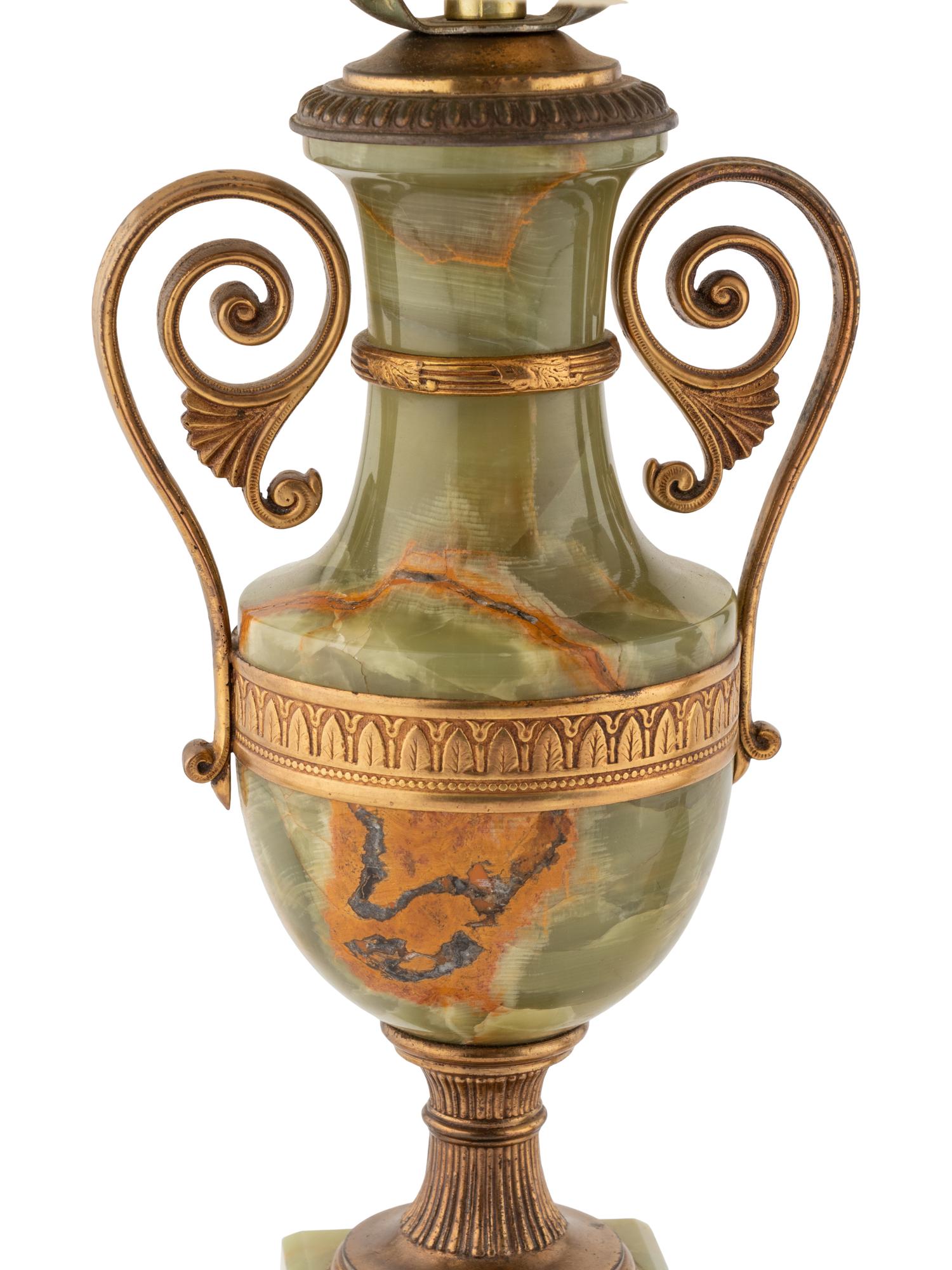 A Pair of Gilt Bronze Mounted Onyx Urn-Form Table Lamps