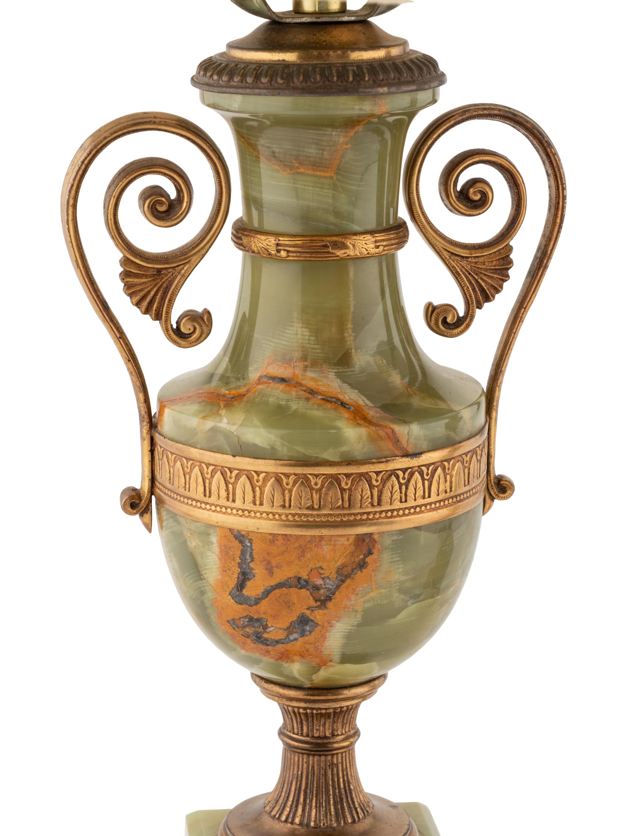 A Pair of Gilt Bronze Mounted Onyx Urn-Form Table Lamps