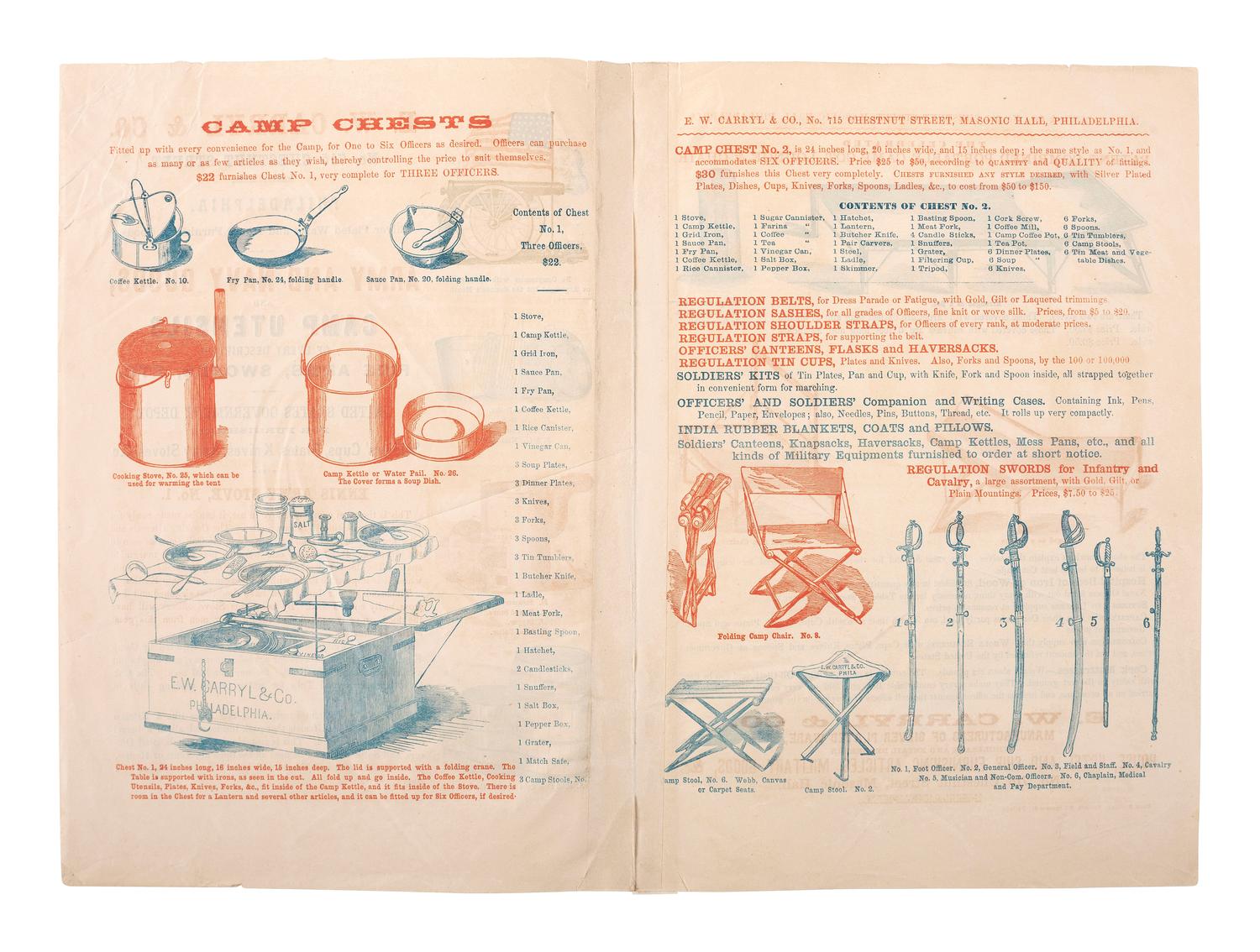 [CIVIL WAR]. E. W. Carryl & Co. ...Army & Navy Goods and Utensil Kit advertising booklet. Philadelphia: King & Baird, n.d.