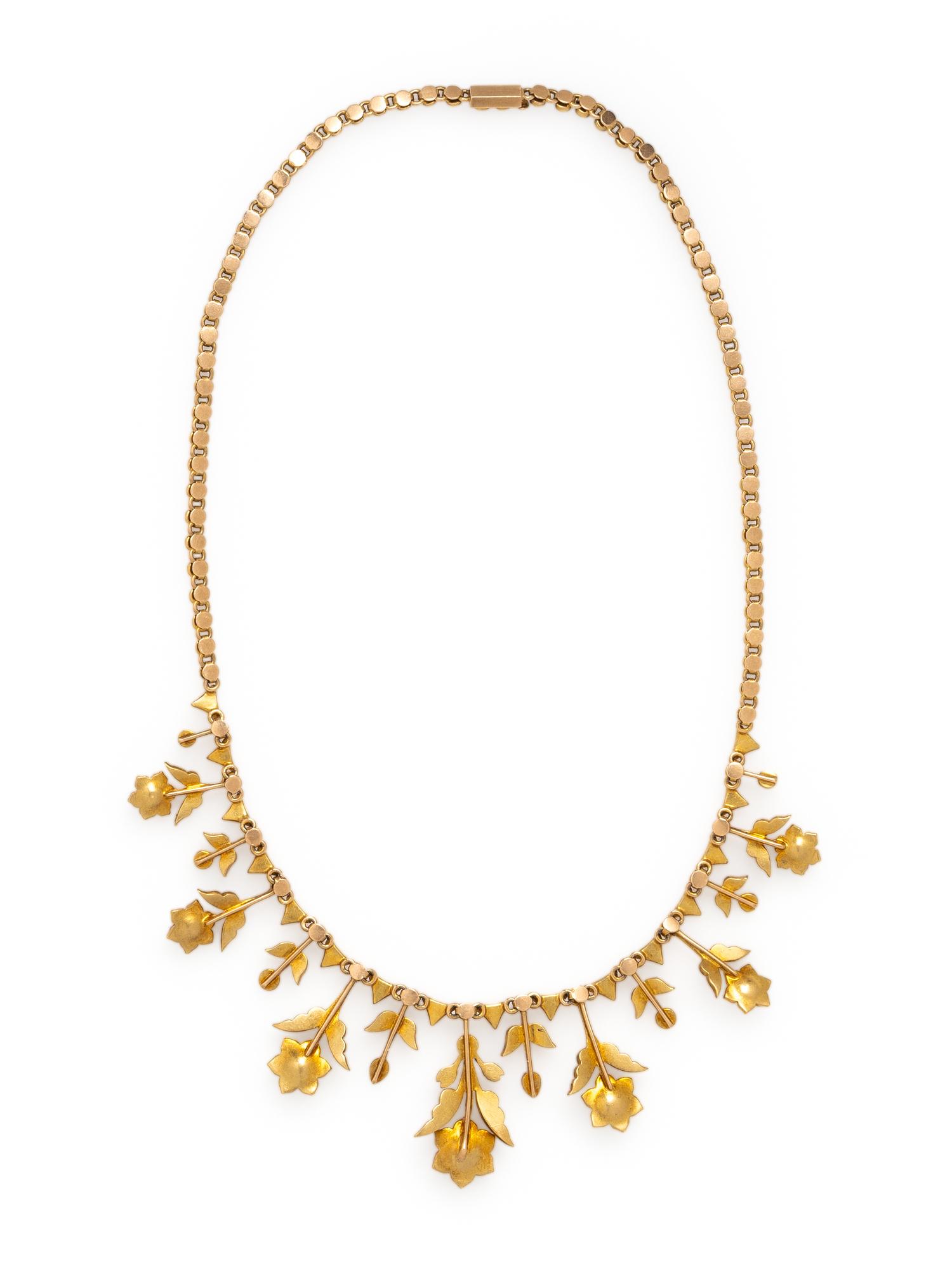 ANTIQUE, YELLOW GOLD AND SEED PEARL FLOWER NECKLACE