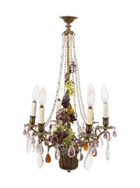 A Six-Light Gilt Metal, Faceted Clear and Colored Glass Chandelier — 19TH/20TH CENTURY