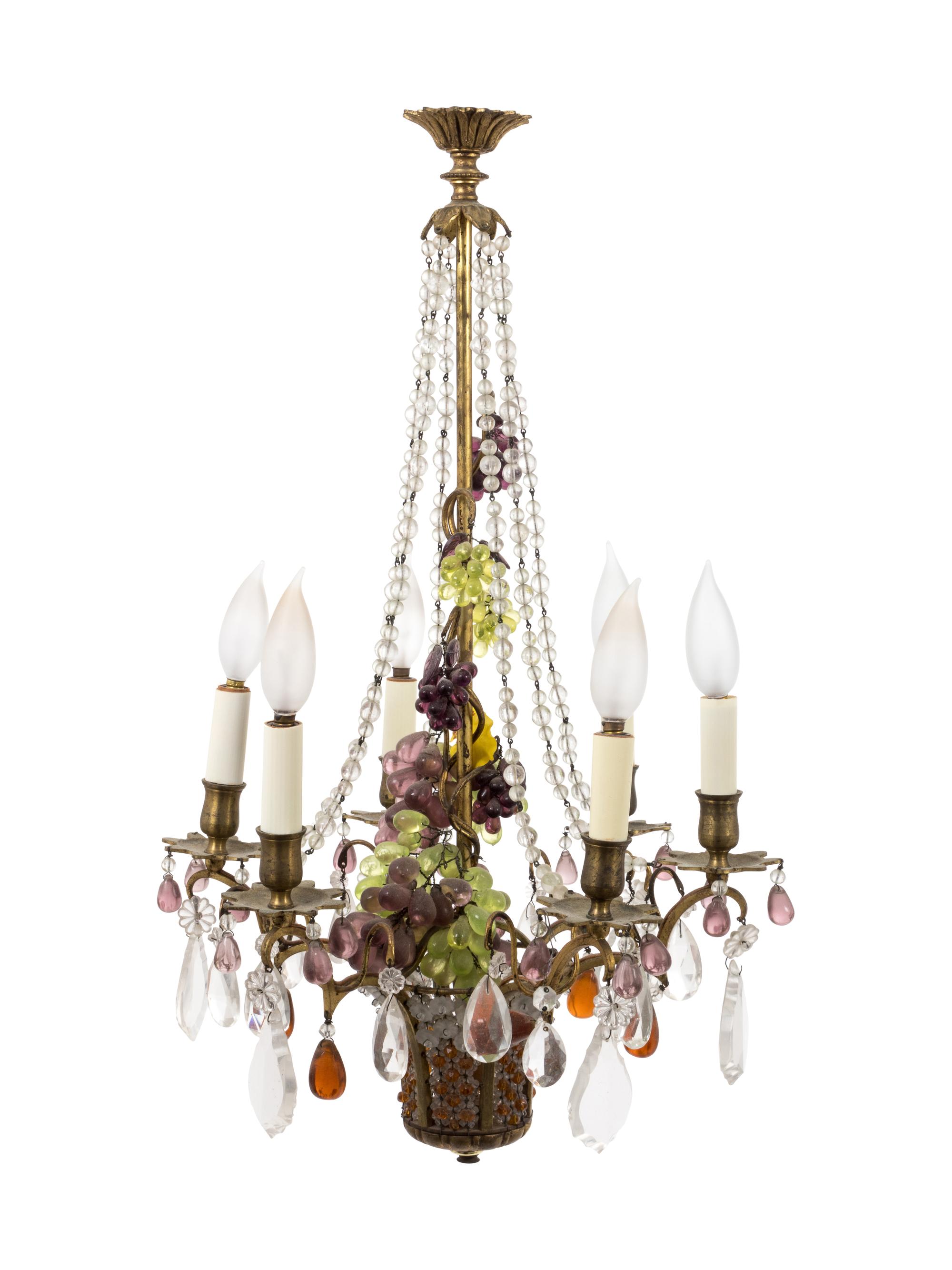 A Six-Light Gilt Metal, Faceted Clear and Colored Glass Chandelier — 19TH/20TH CENTURY