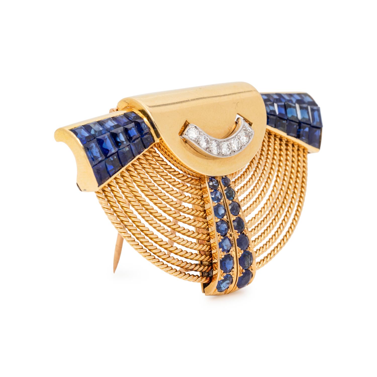 JEAN-THIERRY BONDT, RETRO, YELLOW GOLD, SAPPHIRE AND DIAMOND BROOCH